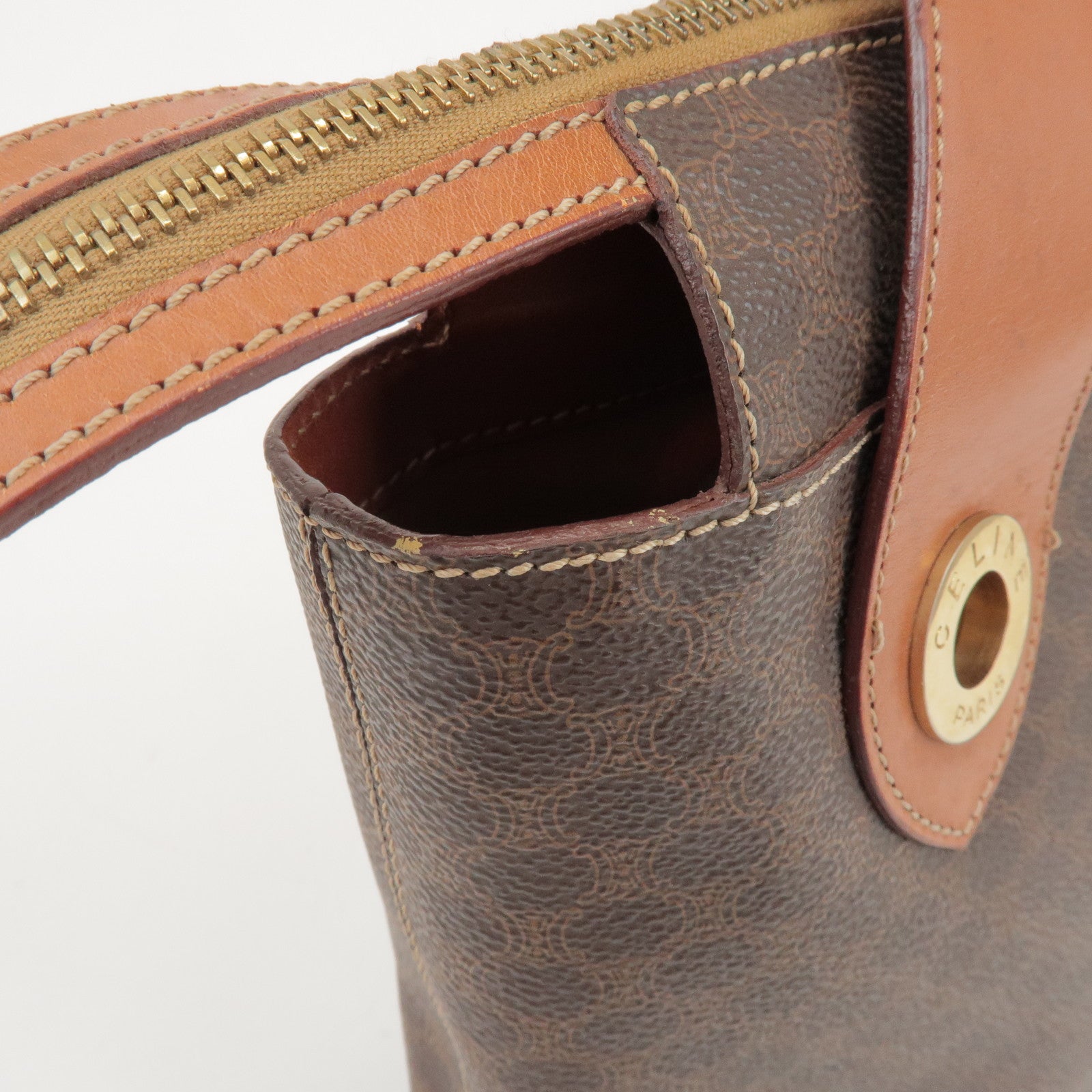 CELINE Macadam PVC Coated Canvas Leather Hand Bag Tote Bag Brown