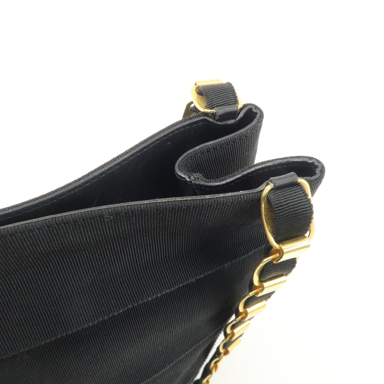 Ferragamo Leather Canvas Chain Tote Bag Hand Bag Black Gold Hardware Used