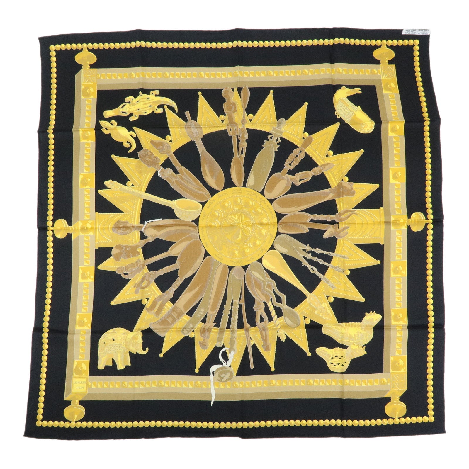 HERMES Carre 90 Silk 100% Scarf CUILLERS D'AFRIQUE Black Gold