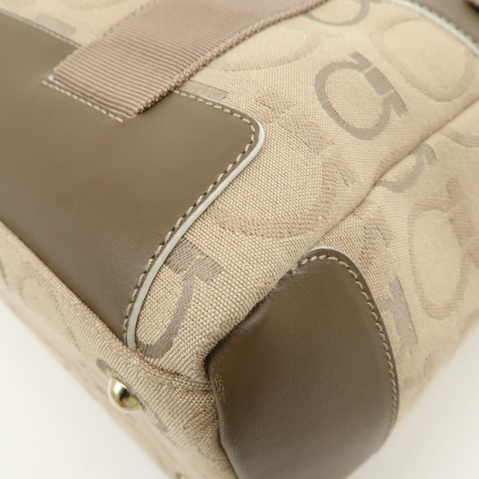 Ferragamo Gancini Canvas Leather Tote Bag Shoulder Bag Beige Brown