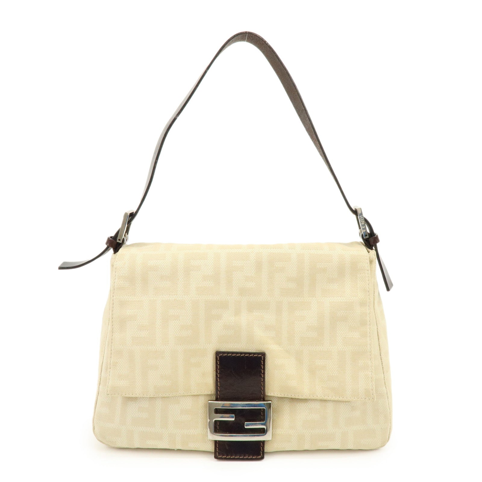 FENDI Mamma Baguette Zucca Canvas Leather Shoulder Bag Ivory 26325