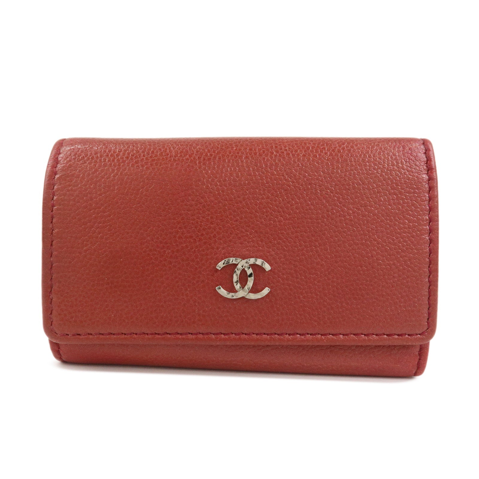 CHANEL COCO Mark Caviaskin Leather 6 Rings Key Case Key Ring Red