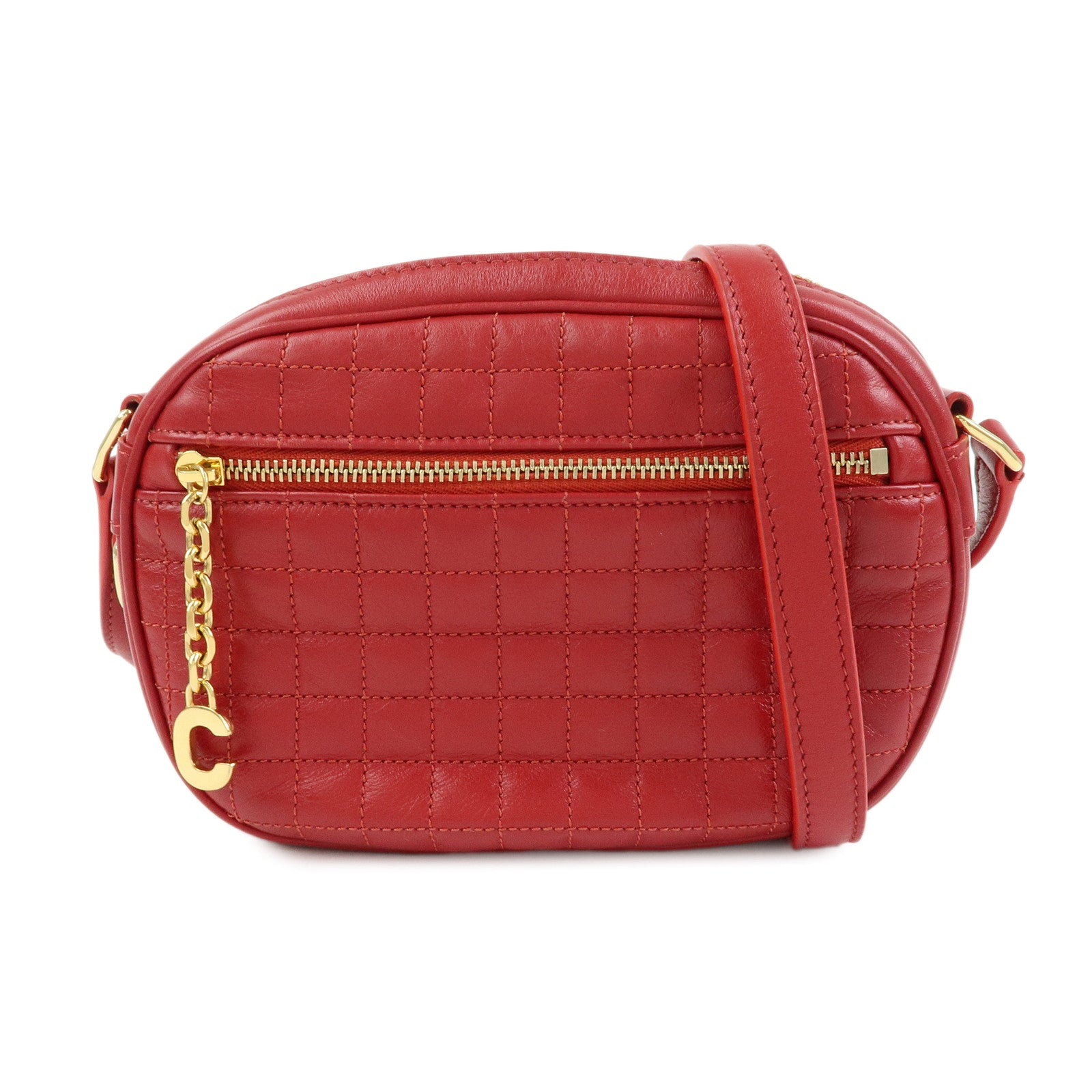 CELINE Leather Shoulder Bag Crossbody Bag C Charm Red
