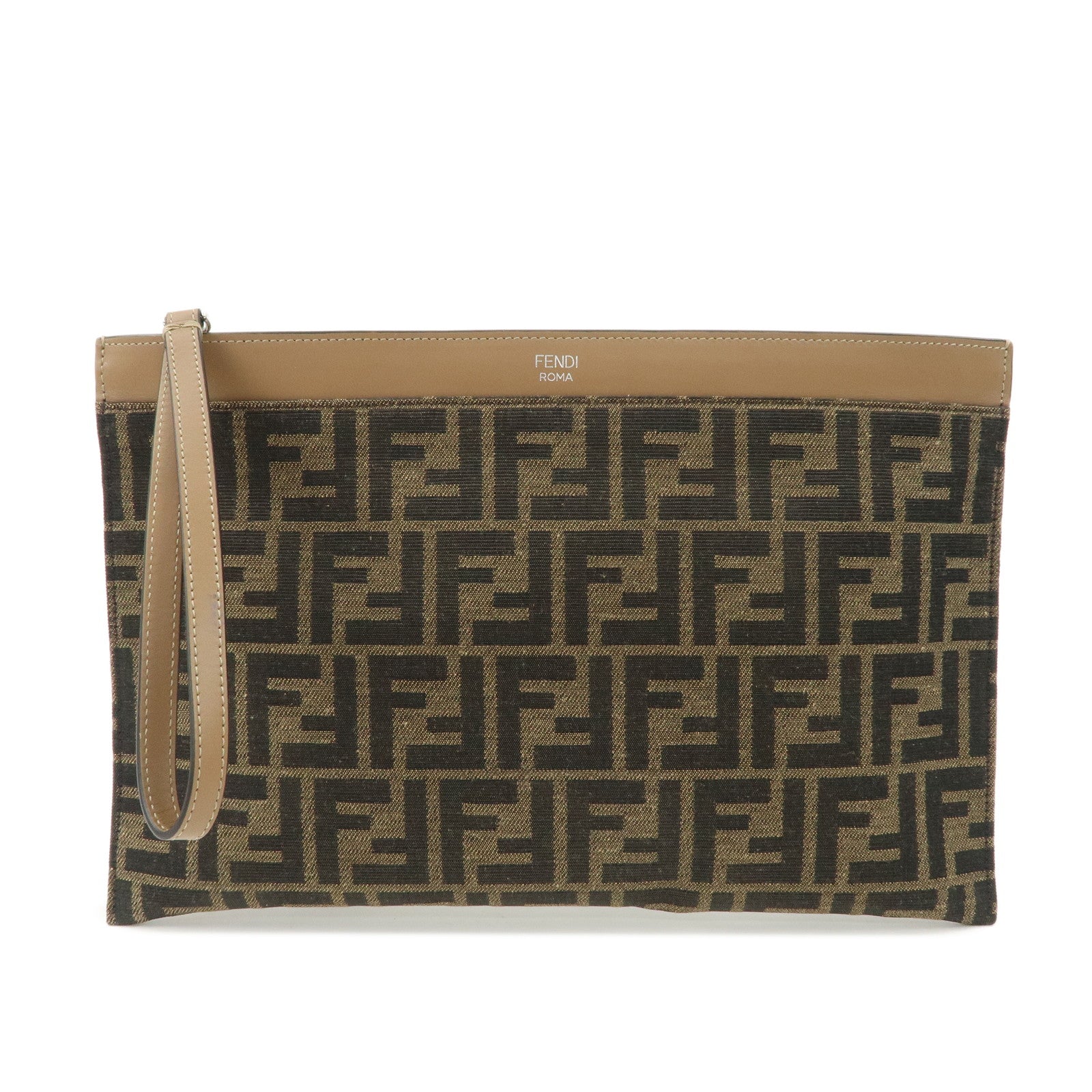 FENDI Zucca Leather Canvas Slim Clutch Bag Medium Brown 7N0134