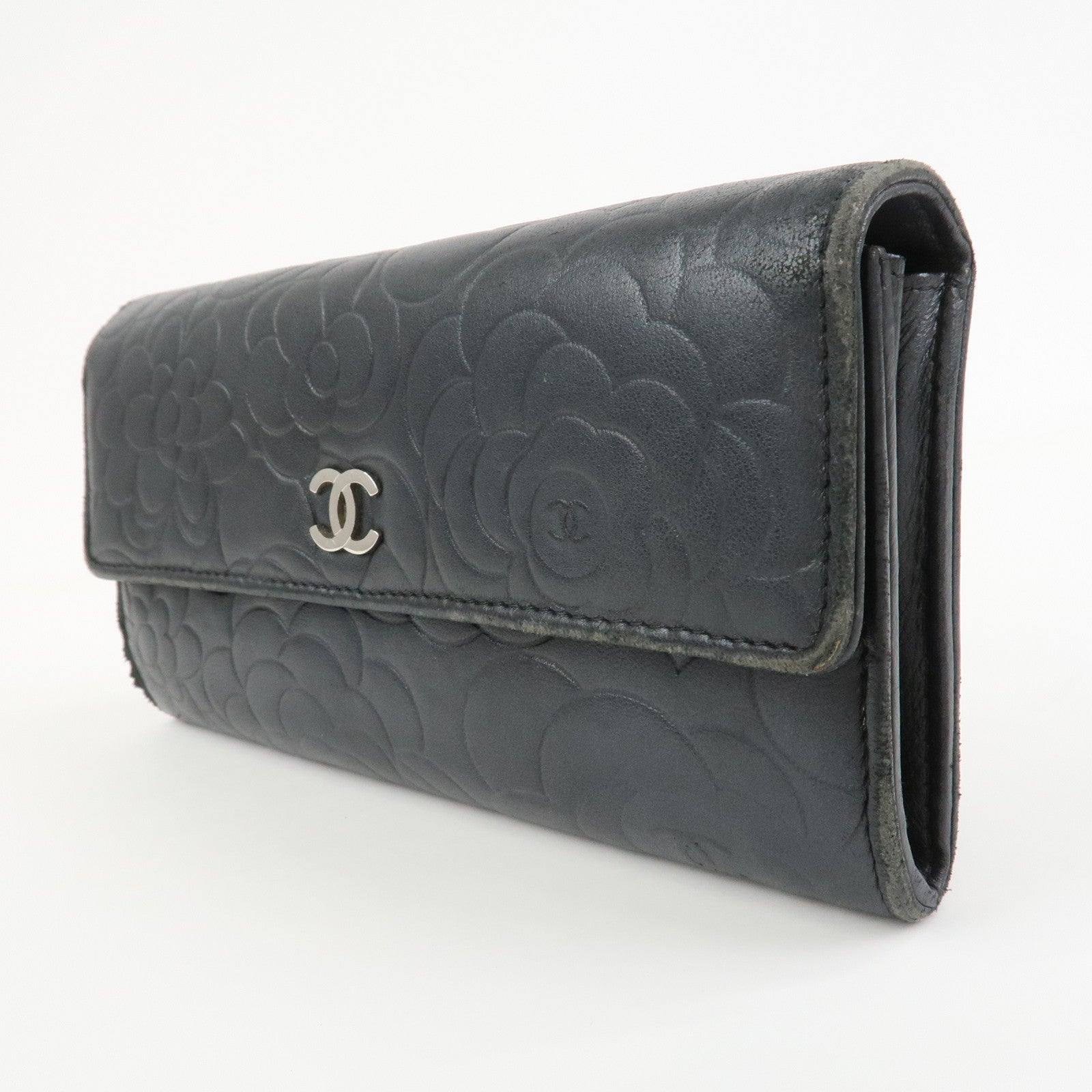 CHANEL Camellia Lambskin Long Wallet Black Silver