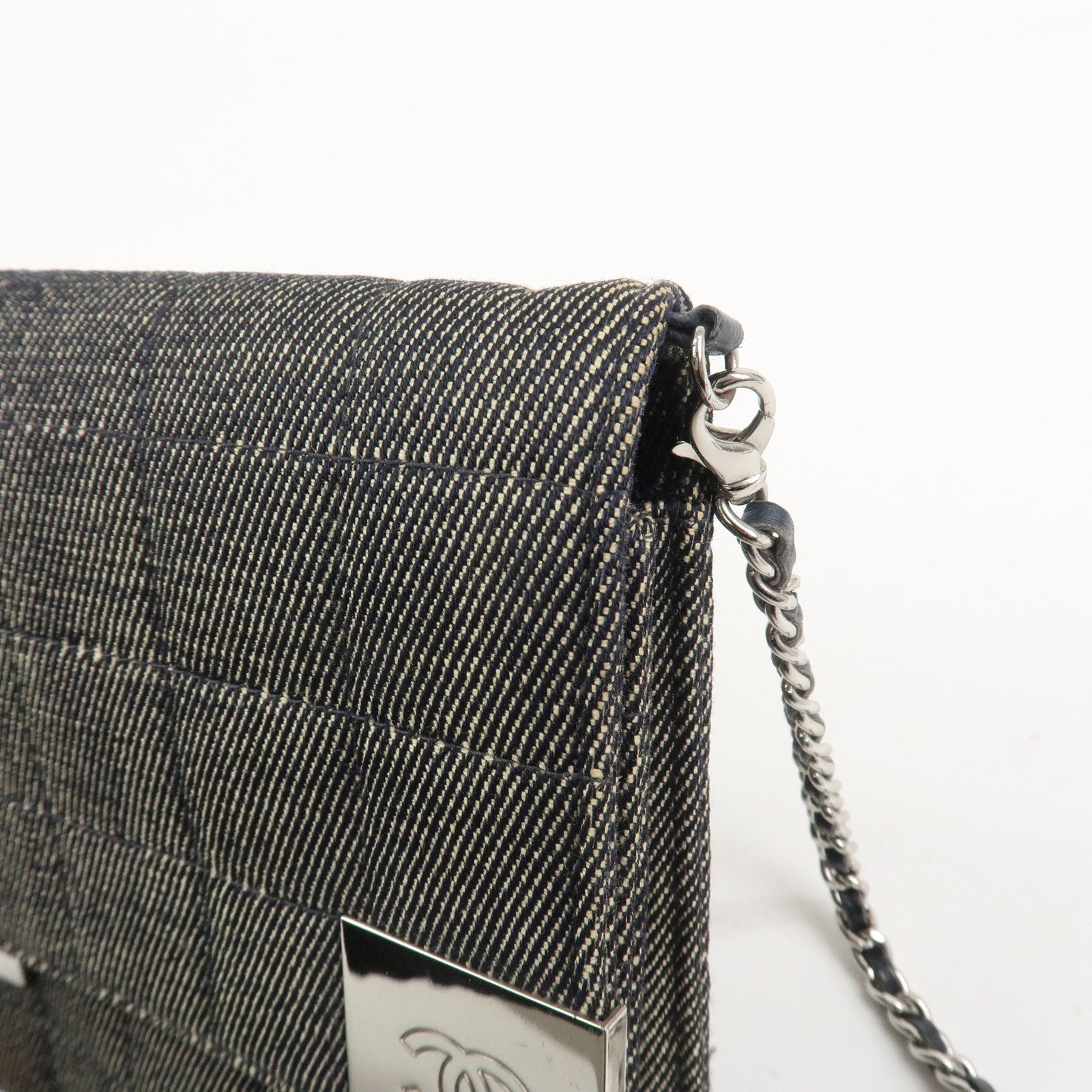 CHANEL Chocolate Bar Denim Leather Chain Shoulder Hand Bag Black