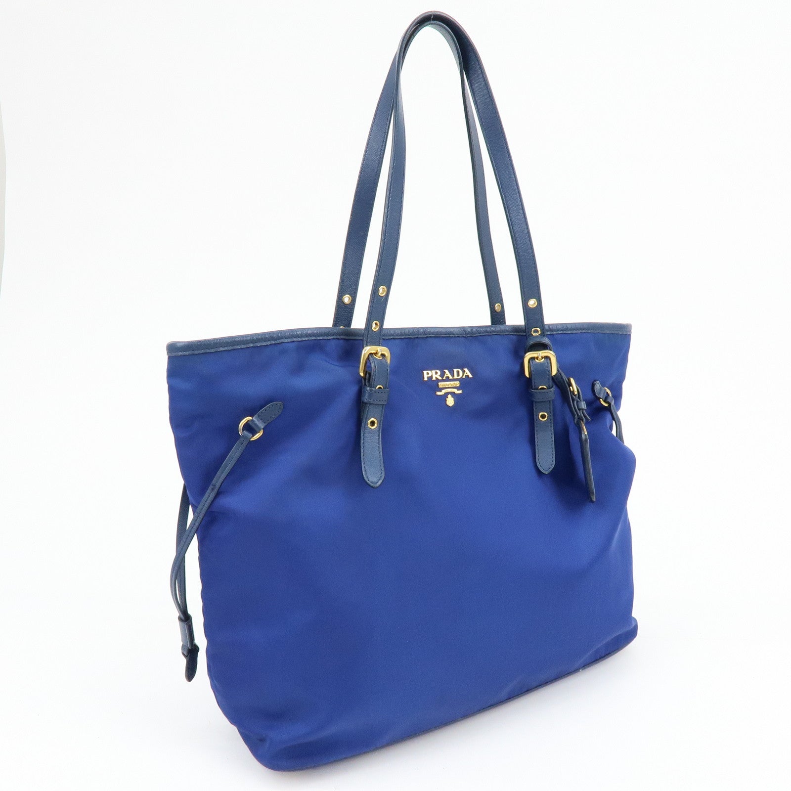 PRADA Logo Nylon Leather Tote Bag Shoulder Bag Blue BR4997