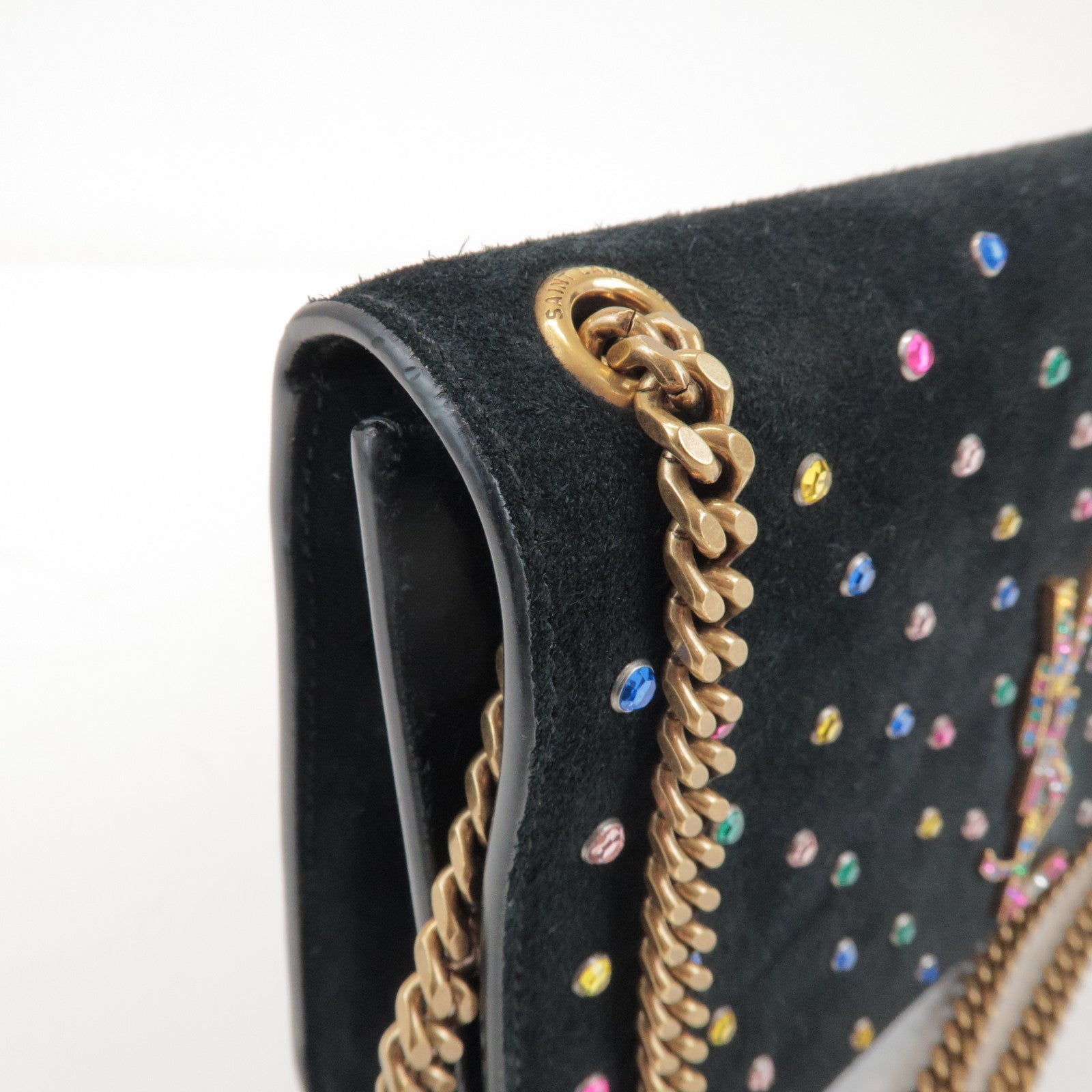 SAINT LAURENT PARIS Cassandra Suede Rhinestone Shoulder Bag 513074