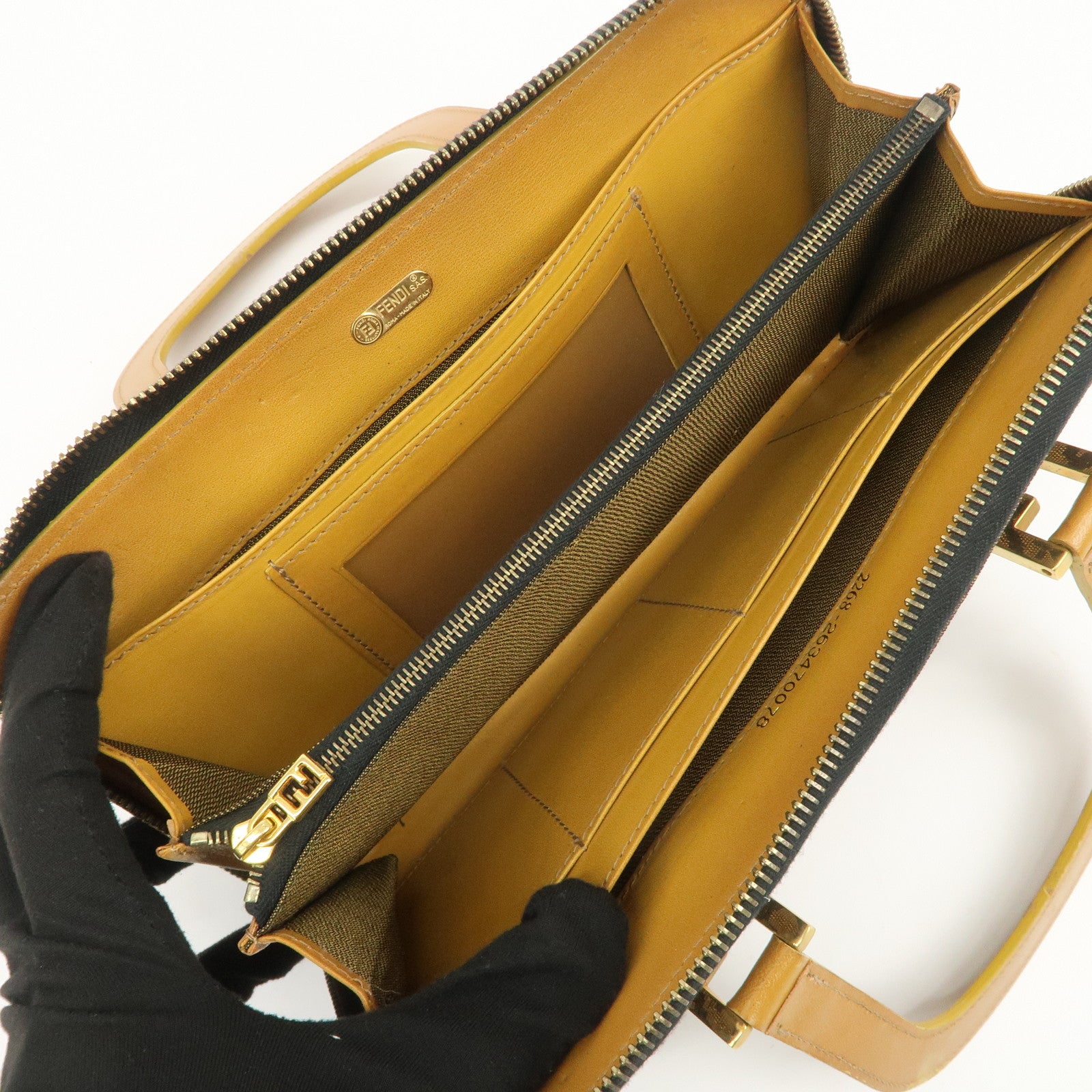 FENDI Logo Canvas Leather Hand Bag Animal Print Yellow Black 26347