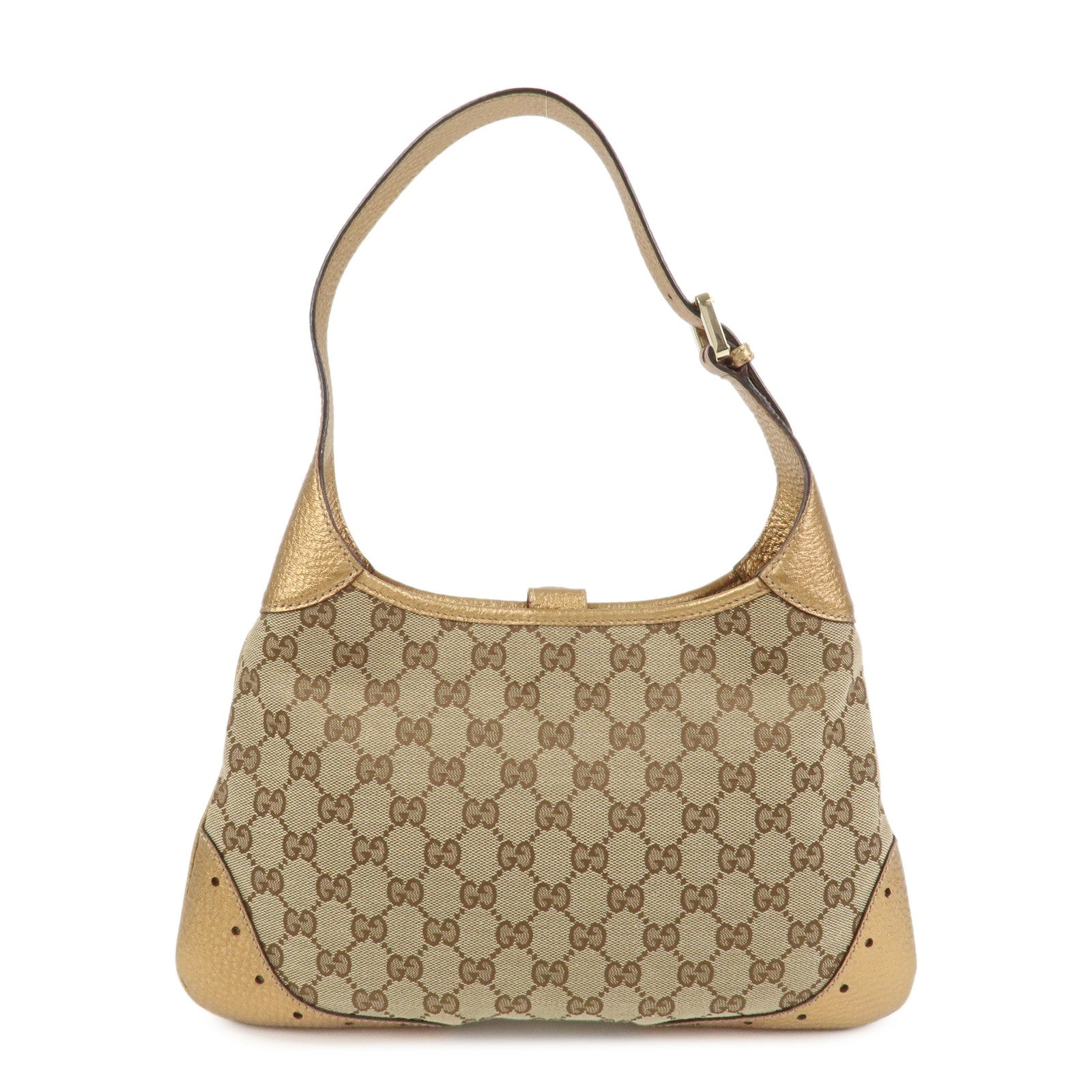 GUCCI GG Monogram Canvas Leather Shoulder Bag Beige Gold 145778