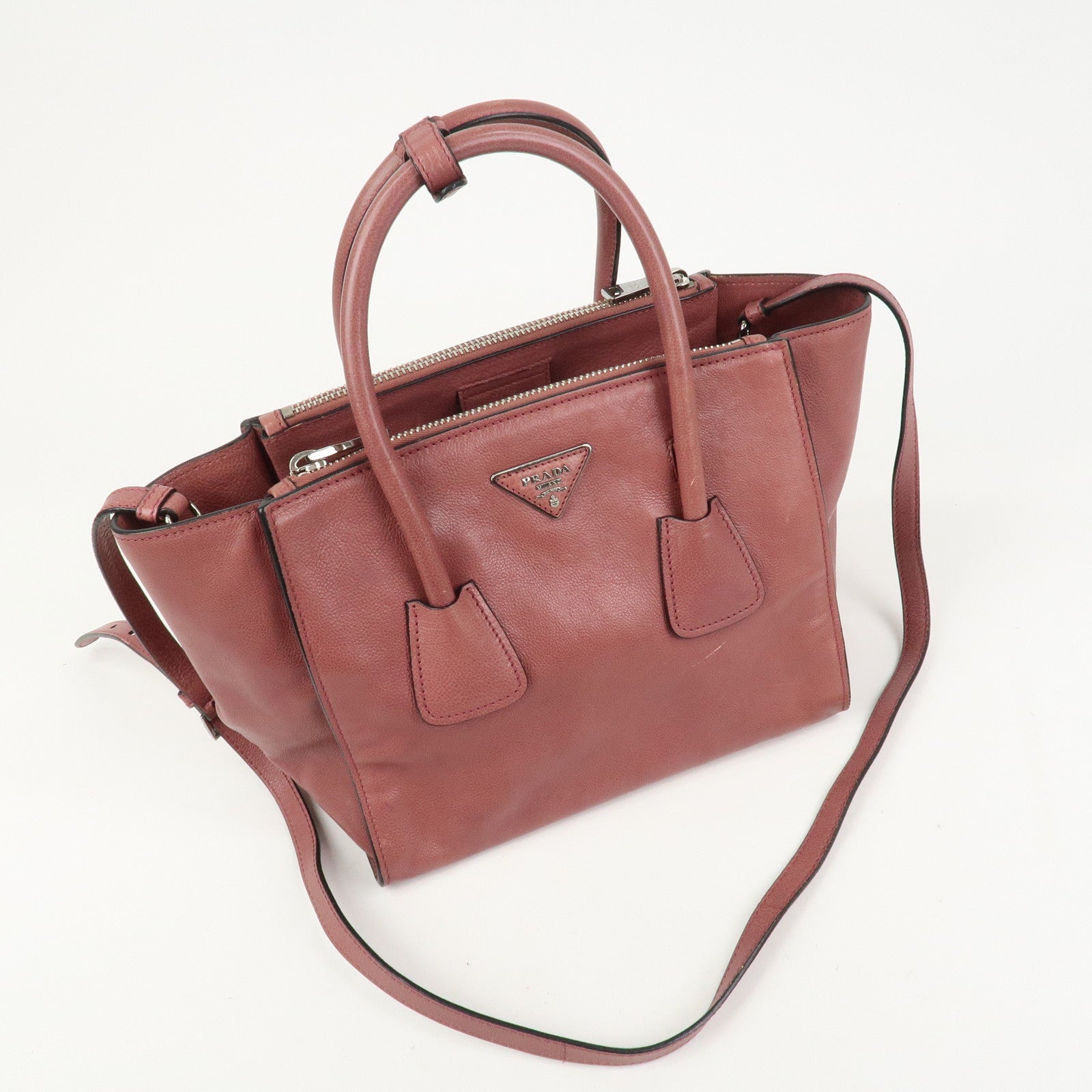 PRADA Triangle Logo Leather 2Way Bag Tote Bag Hand Bag Pink B2625M
