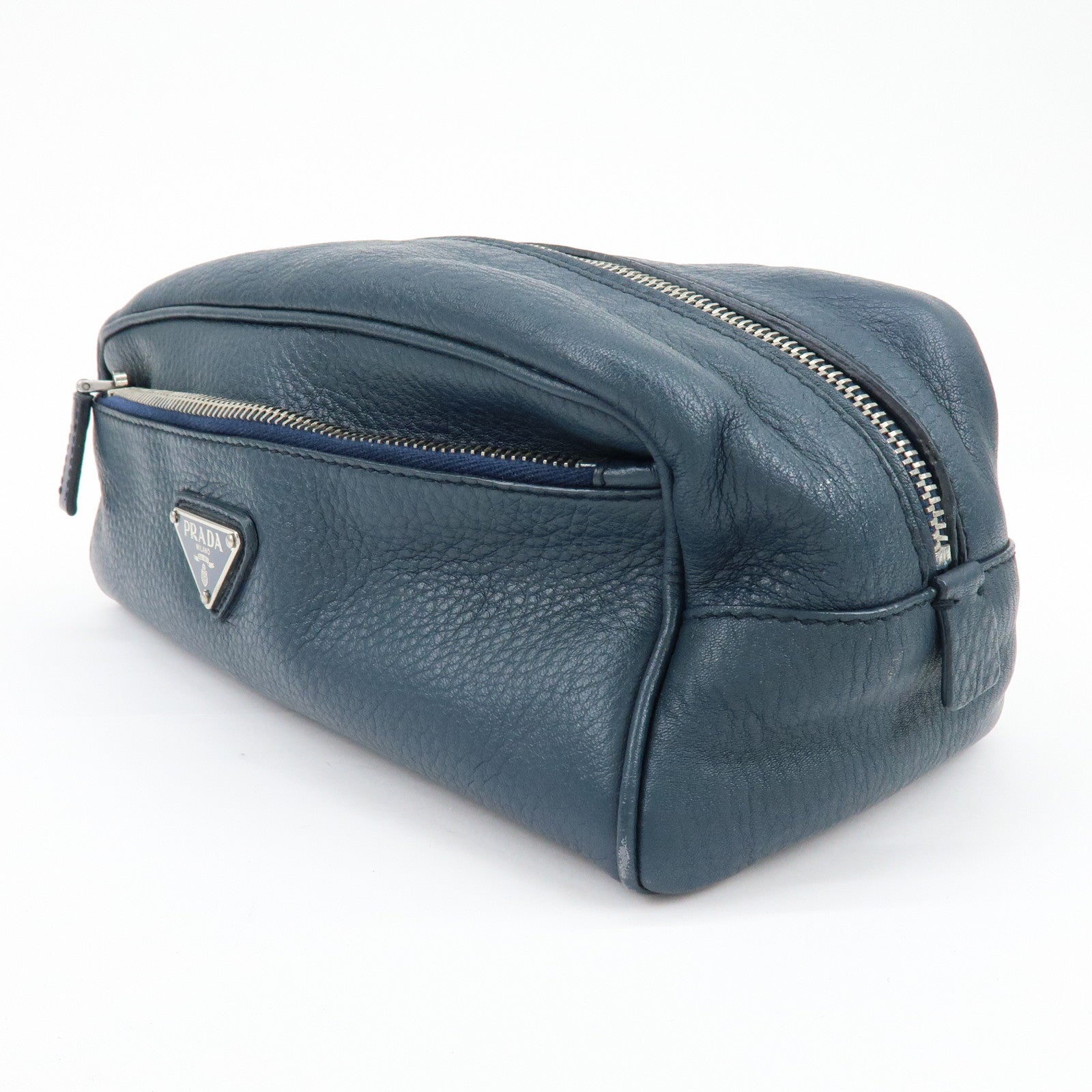 PRADA Triangle Logo Leather Cosmetic Pouch Accessory Pouch Navy