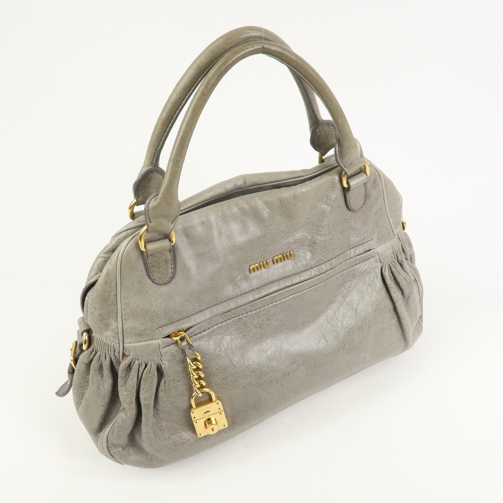 MIU MIU Logo Leather Hand Bag Shoulder Bag Gray