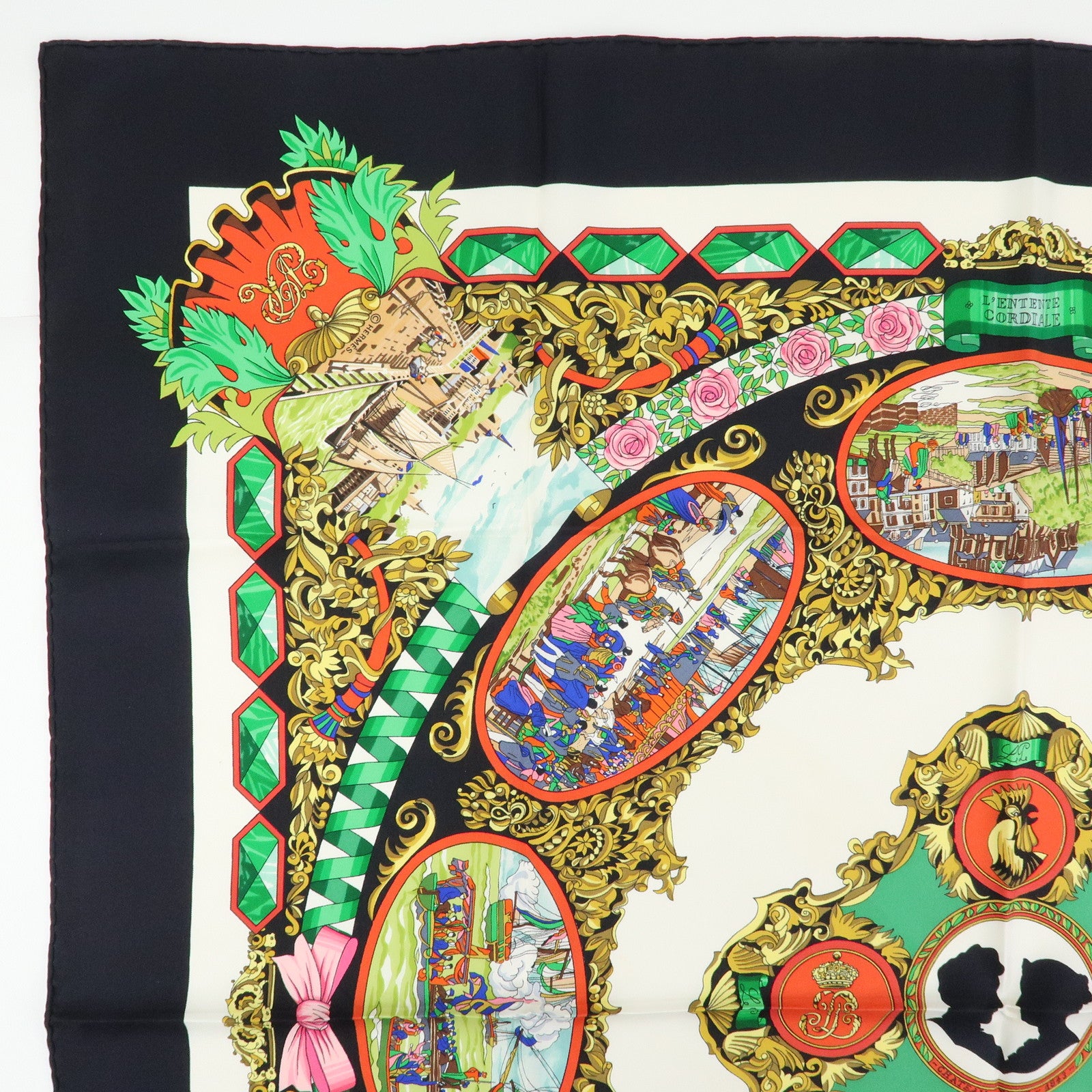 HERMES Carre 90 Silk100% Scarf L'Entente Cordiale Black White Green