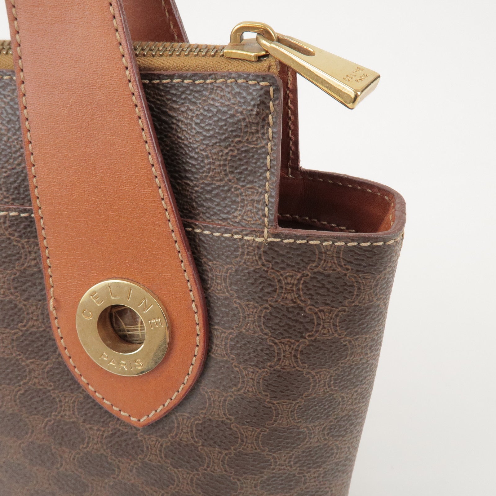 CELINE Macadam PVC Coated Canvas Leather Hand Bag Tote Bag Brown