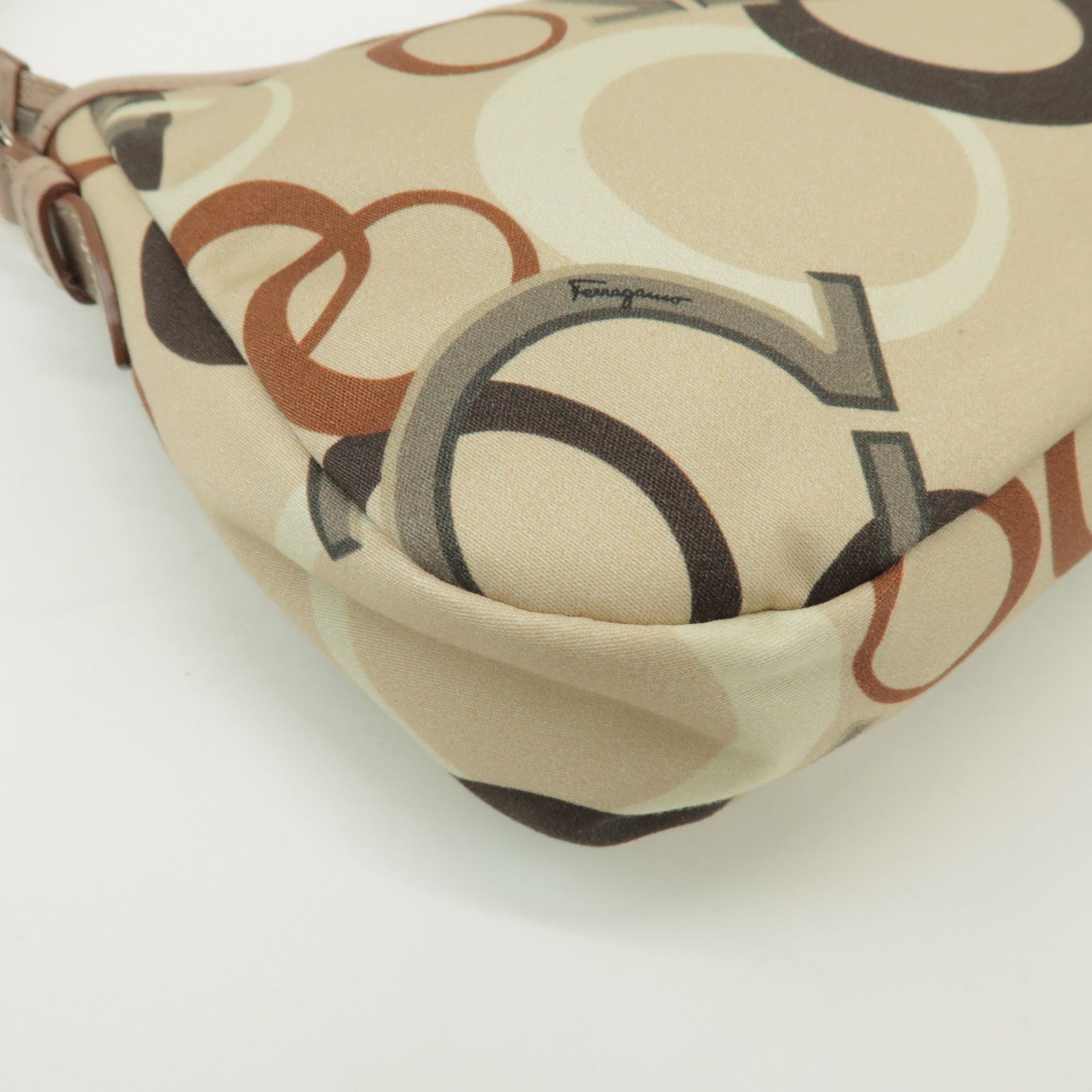 Ferragamo Gancini Nylon Leather Hand Bag Shoulder Bag Beige Brown