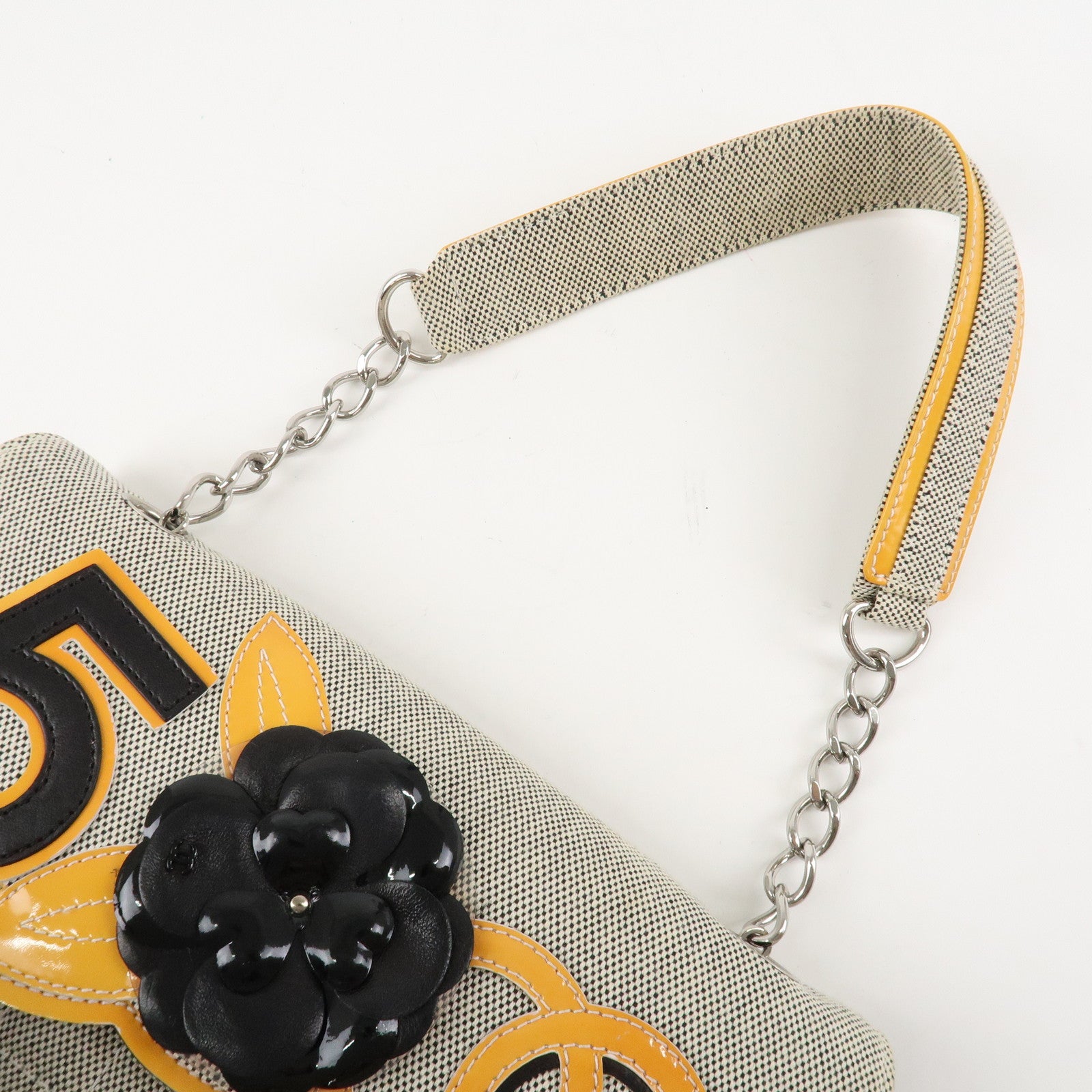 CHANEL COCO Mark Canvas Patent Leather Chain Shoulder Bag Grey Orange Used