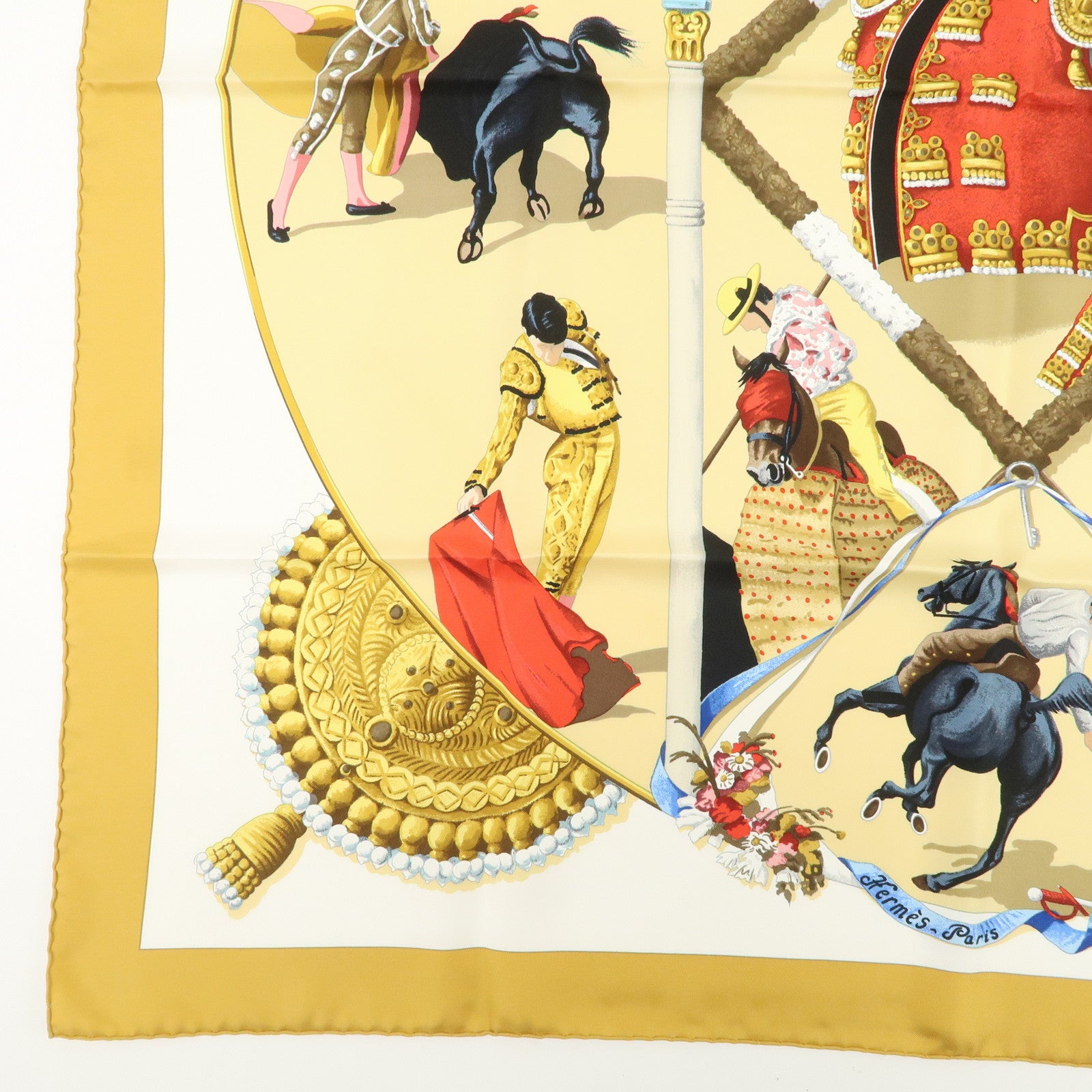 HERMES Carre 90 Silk 100% Scarf Plaza de Toros Bullring Gold Beige