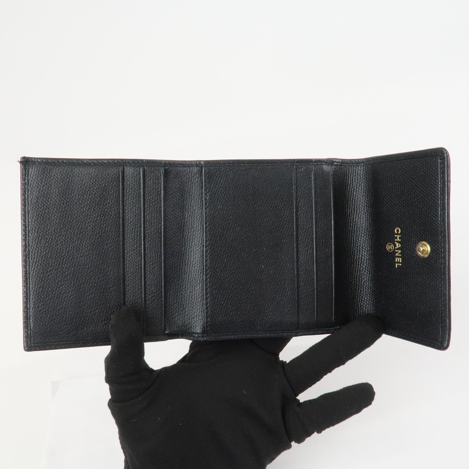 CHANEL COCO Button Leather W Hook Compact Wallet Black A20902