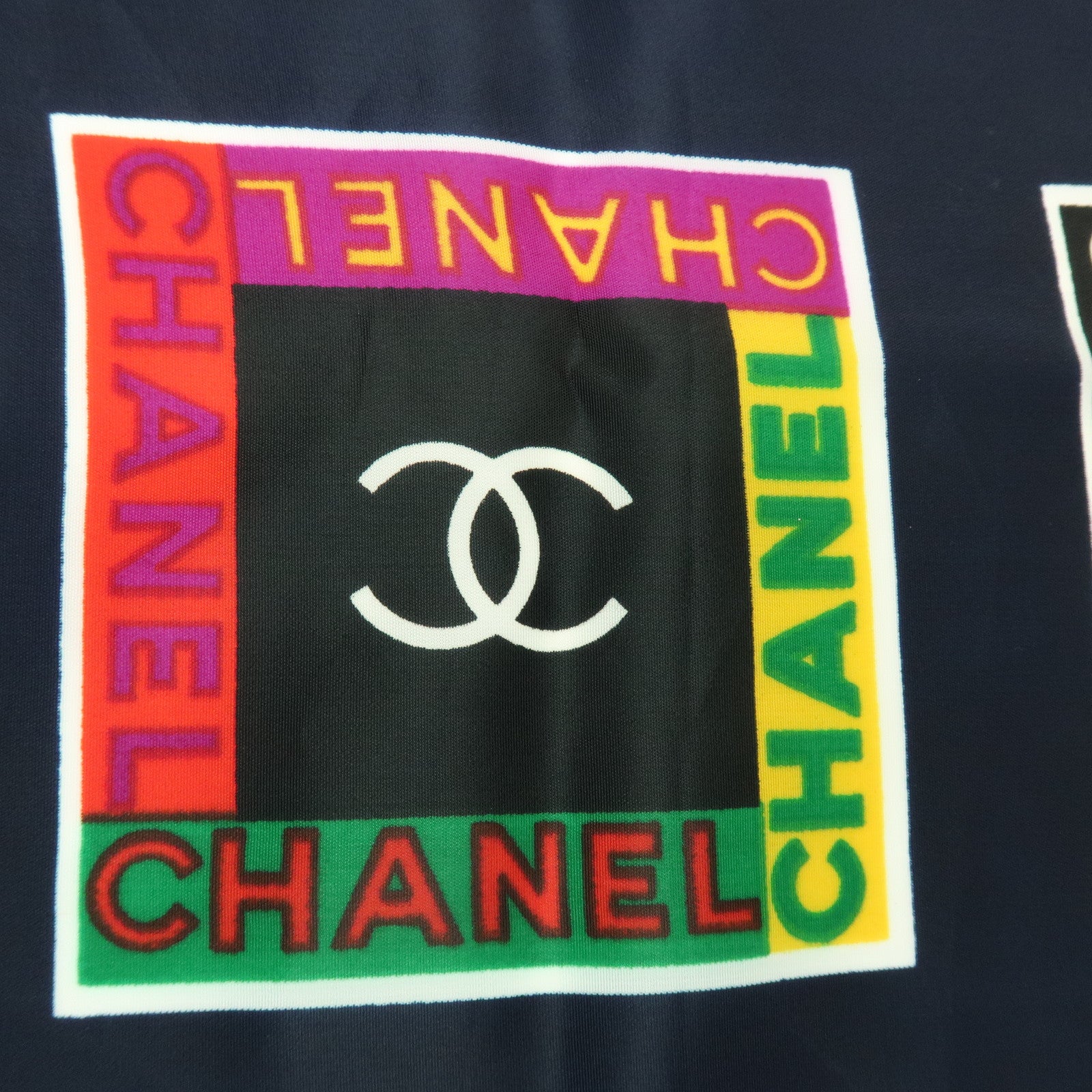 CHANEL COCO Mark Silk 100% Scarf Logo Print Black Multicolor