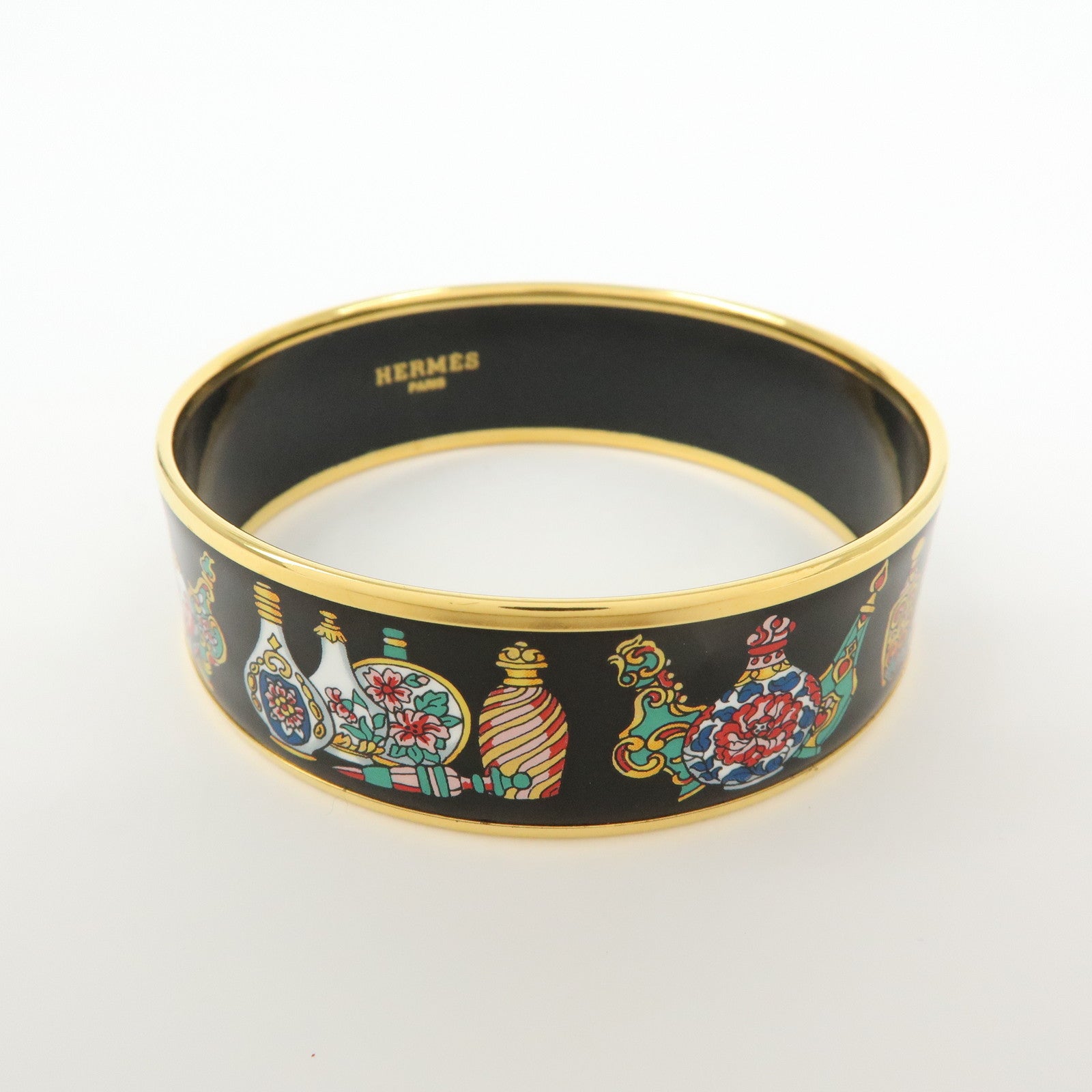 HERMES Email GM Gold Plated Bangle Bracelet Black Gold