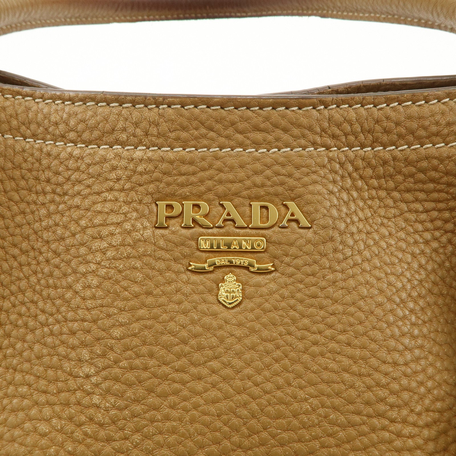 PRADA Leather Tote Bag Hand Bag Shoulder Bag Beige Gold HDW Used