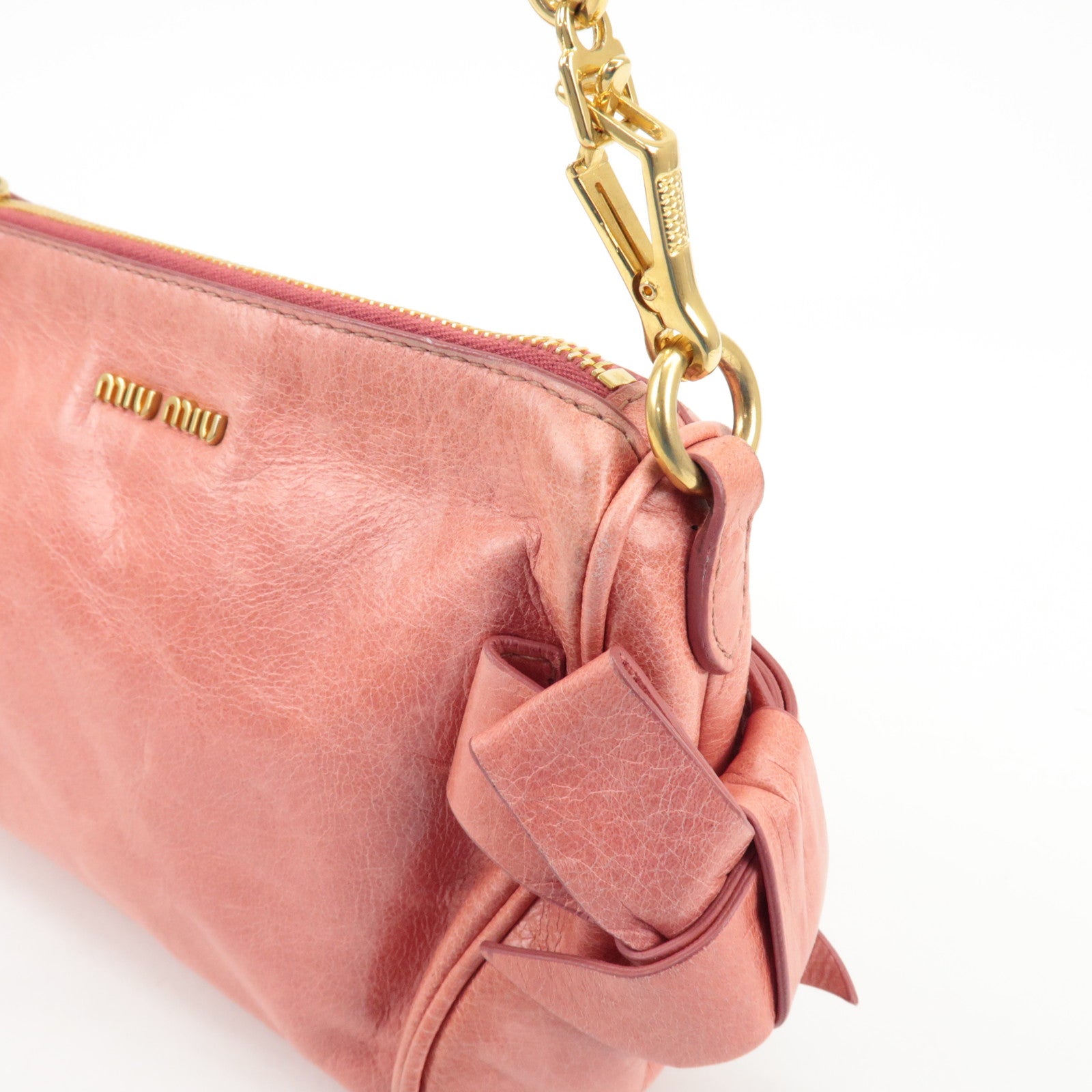 MIU MIU Leather Side Ribbon Mini Shoulder Hand Bag Pink 5N1557 Used