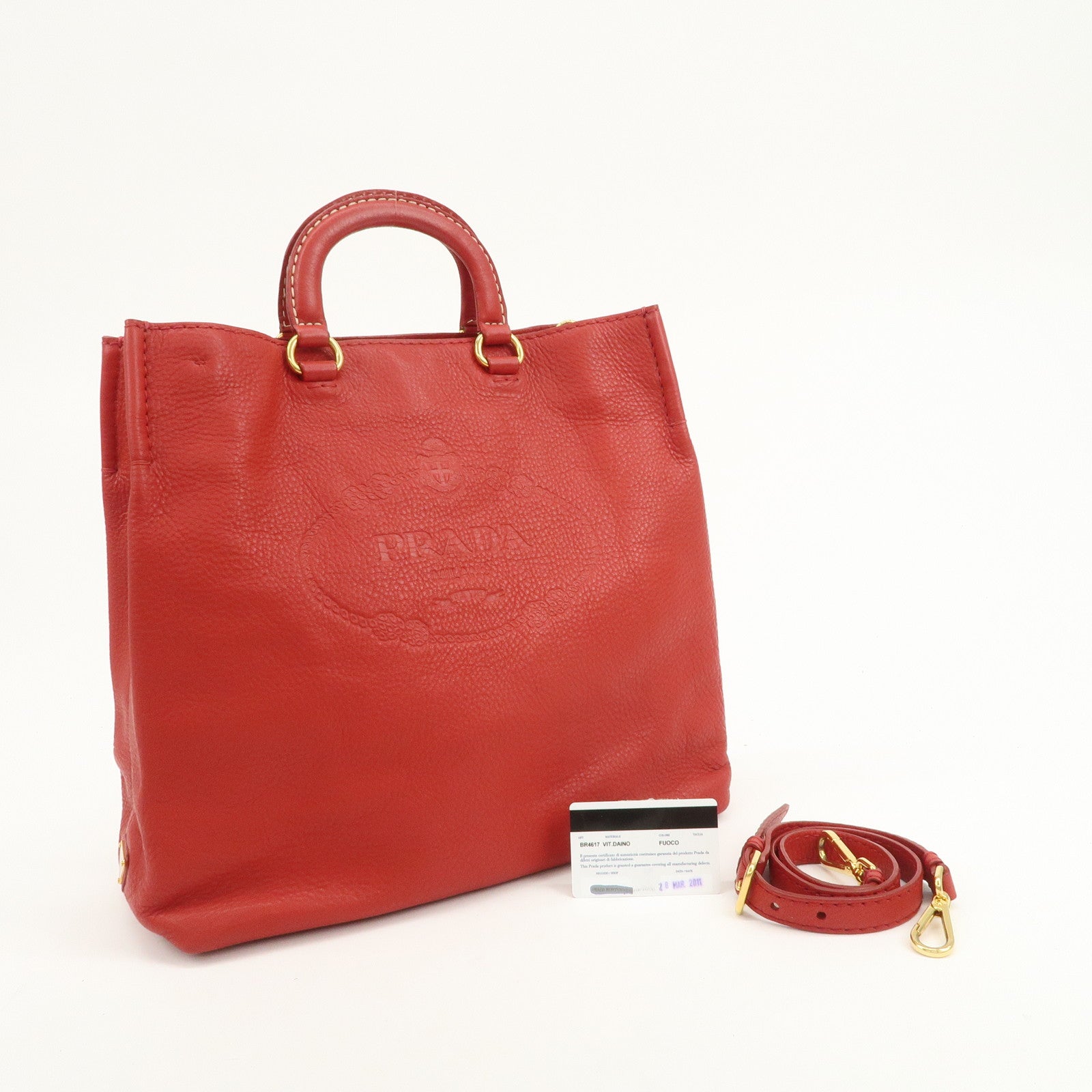 PRADA Vitello Daino Leather 2Way Tote Bag Shoulder Bag Red BR4617