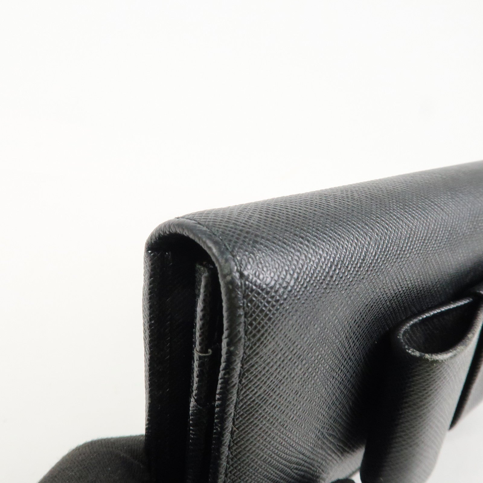 PRADA Saffiano Leather Flap Bi-Fold Long Wallet Black Gold 1MH132 Used