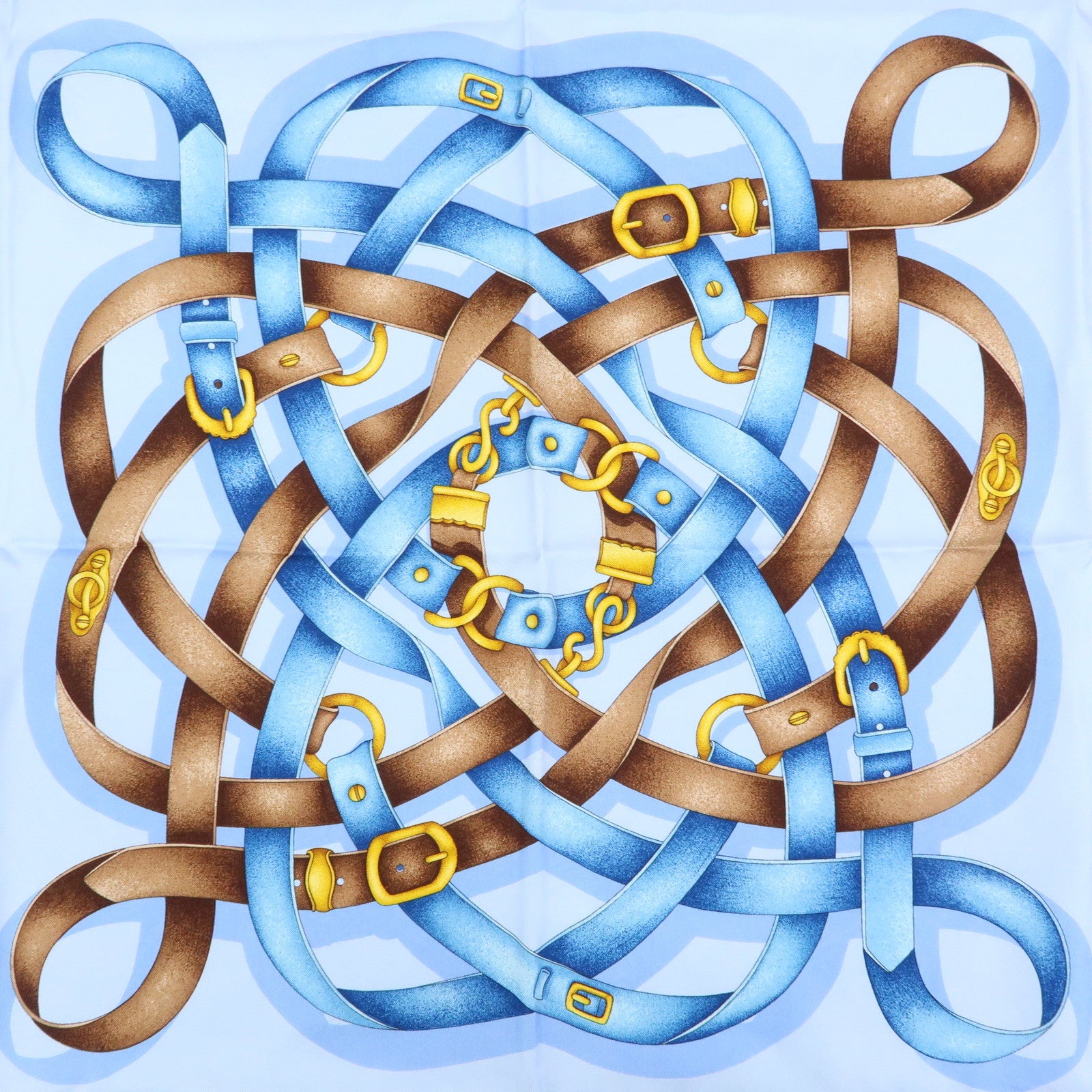 GUCCI Silk 100% Scarf 90x90 Strap Motif Light Blue Brown