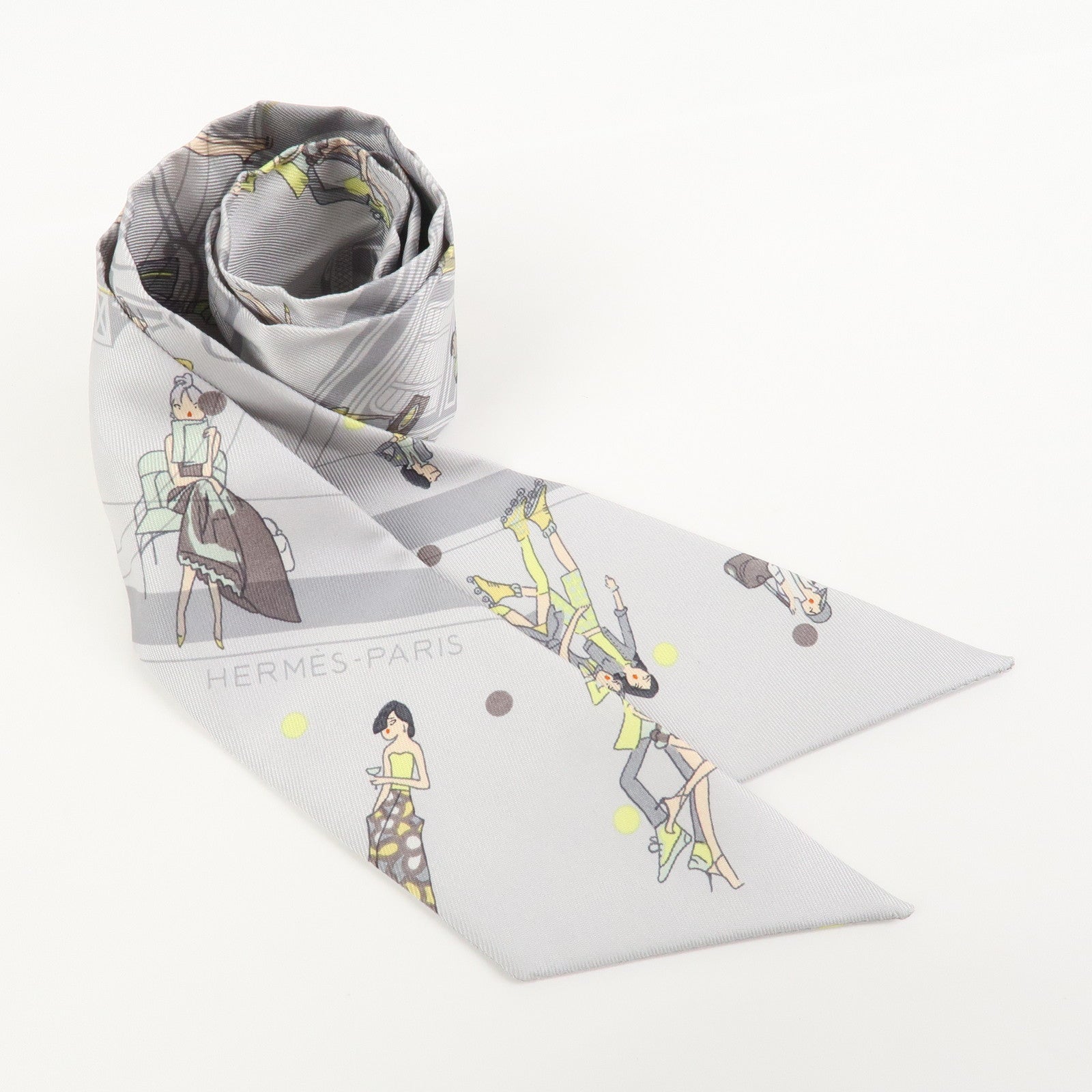 HERMES Twilly Silk 100% Ex-Libris Les Parisiennes Scarf Gray