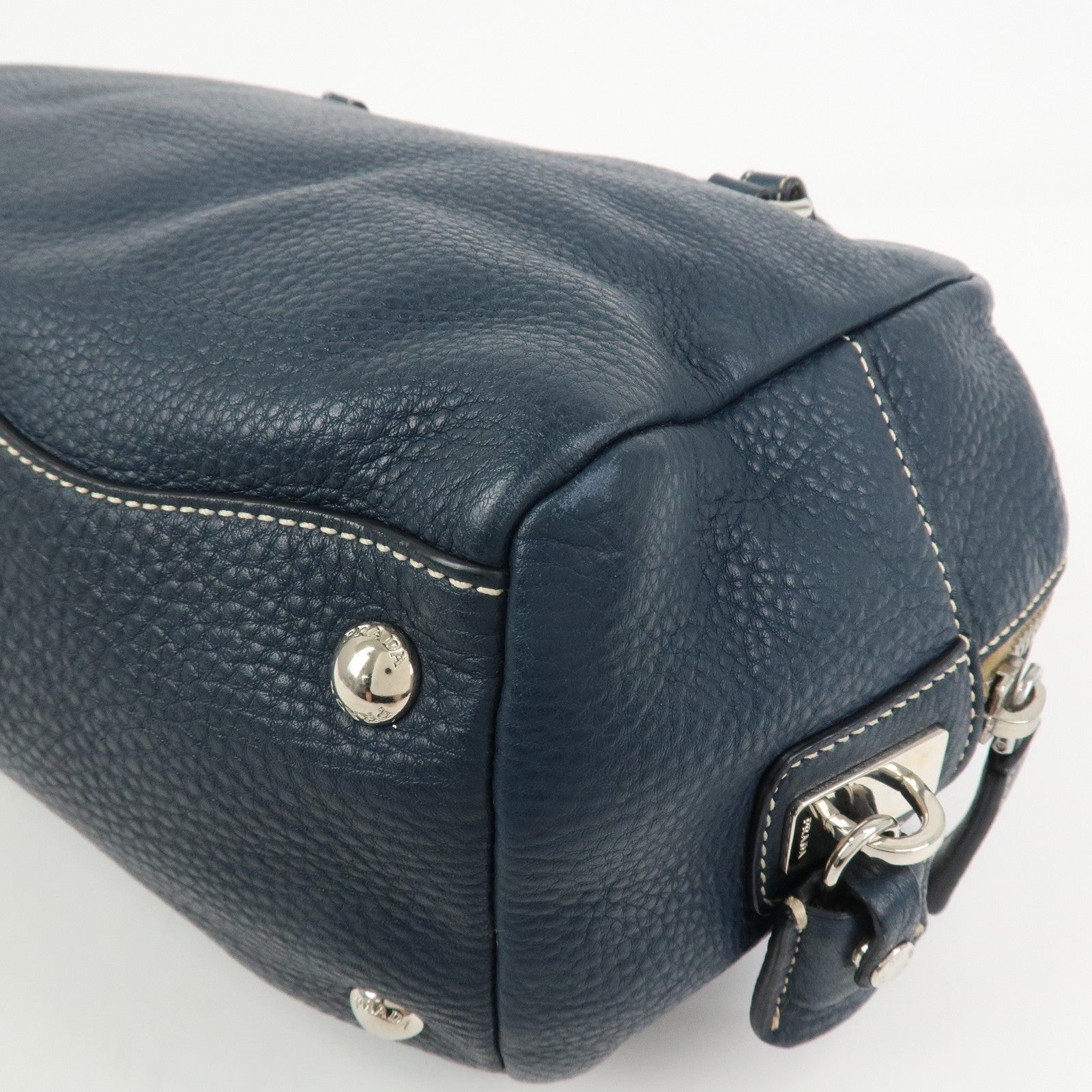 PRADA Logo Leather Boston Bag Hand Bag Navy BR3091