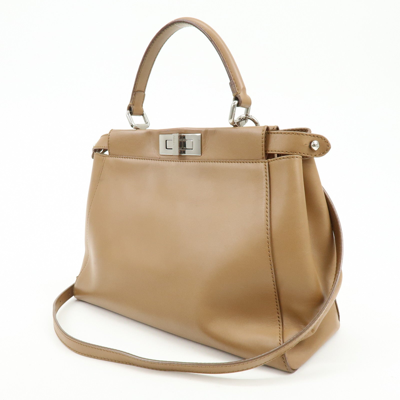 FENDI Peekaboo Leather 2Way Shoulder Bag Hand Bag Camel 8BN226
