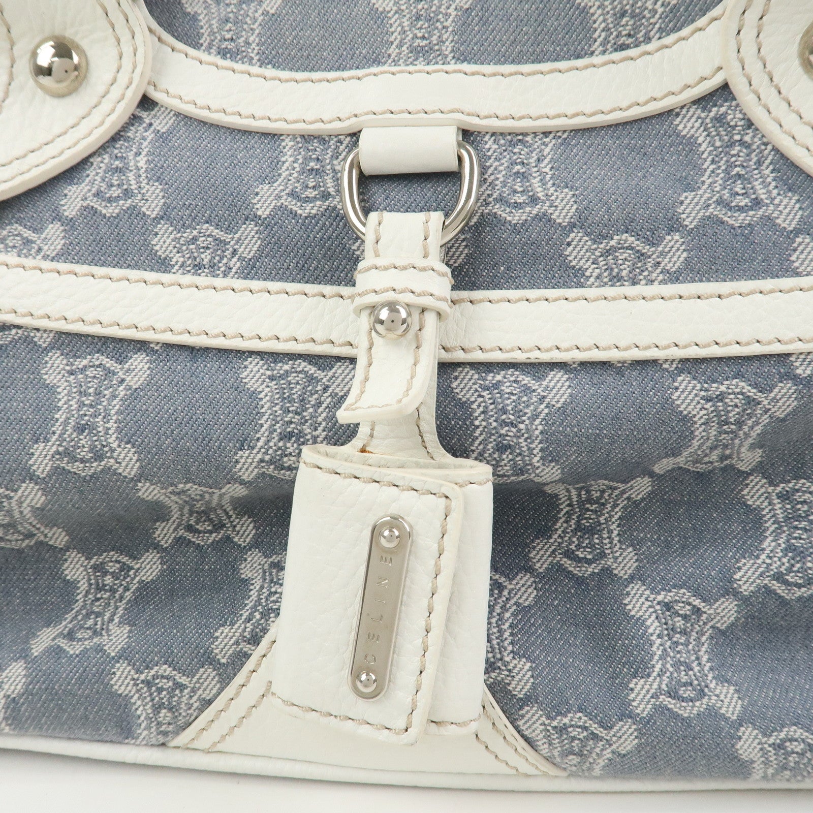 CELINE Macadam Canvas Leather Boogie Bag Hand Bag Light Blue White