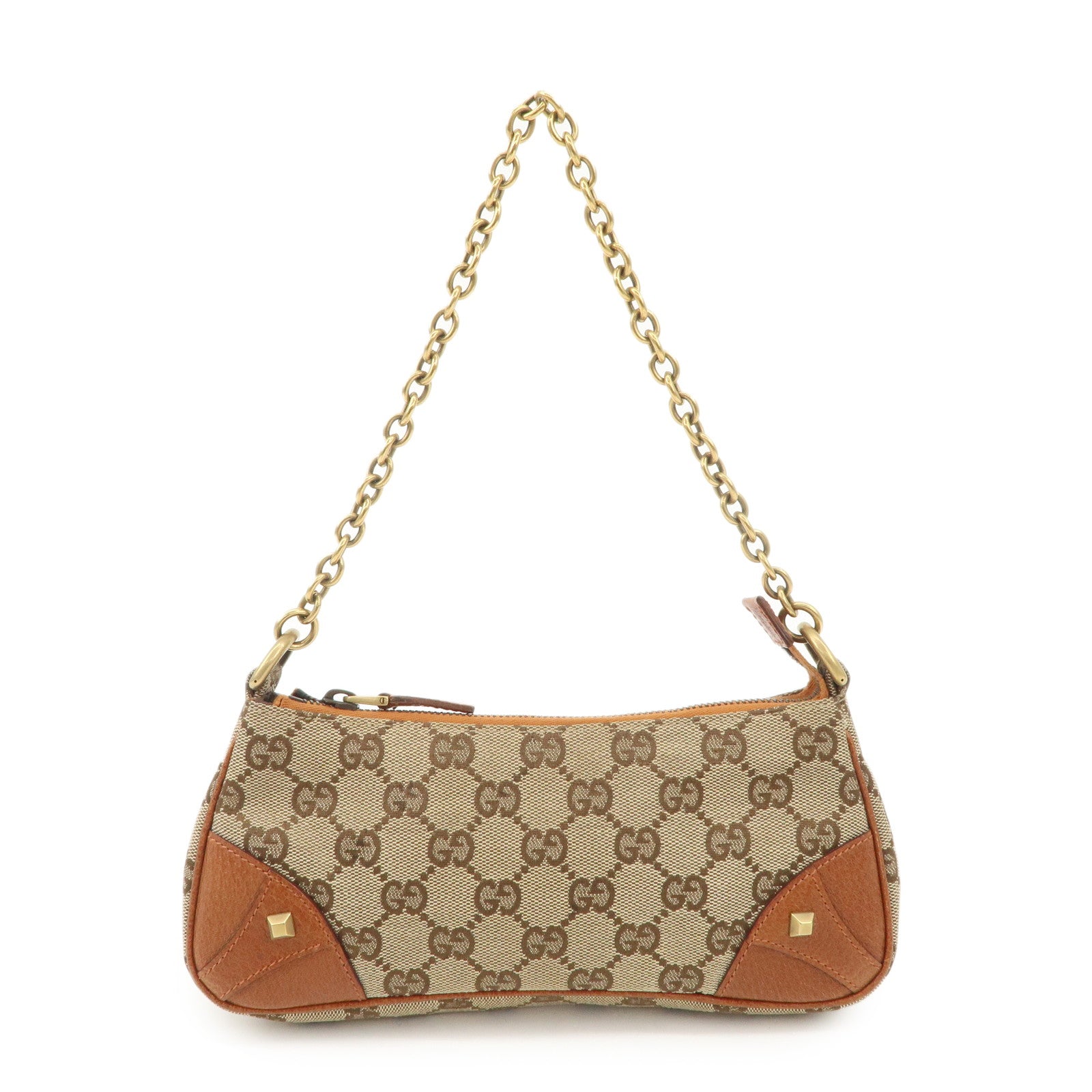 GUCCI GG Canvas Leather Chain Hand Bag Pouch Beige Brown 120940 Used