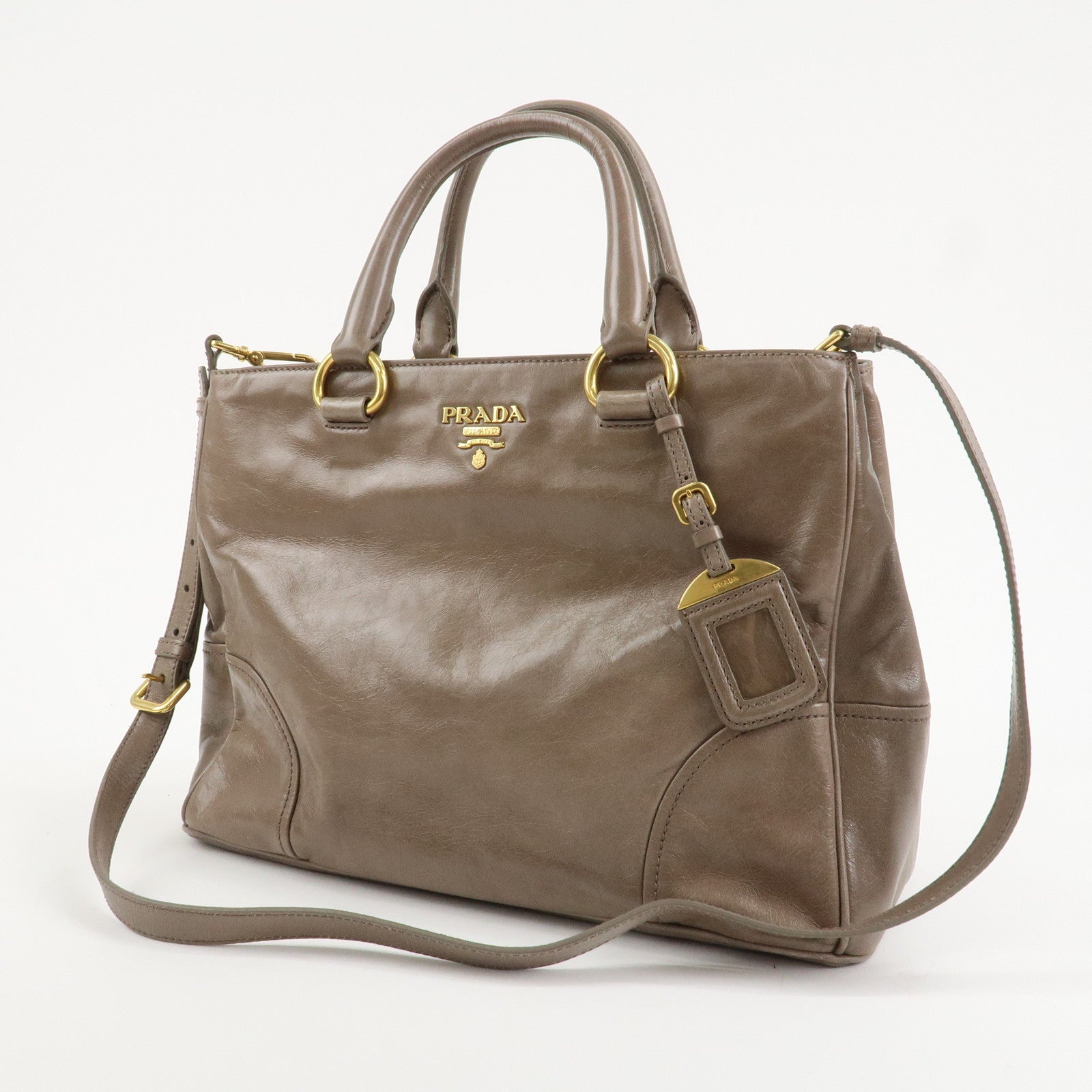 PRADA Logo Leather 2Way Bag Hand Bag Shoulder Bag Greige BN2533 Used