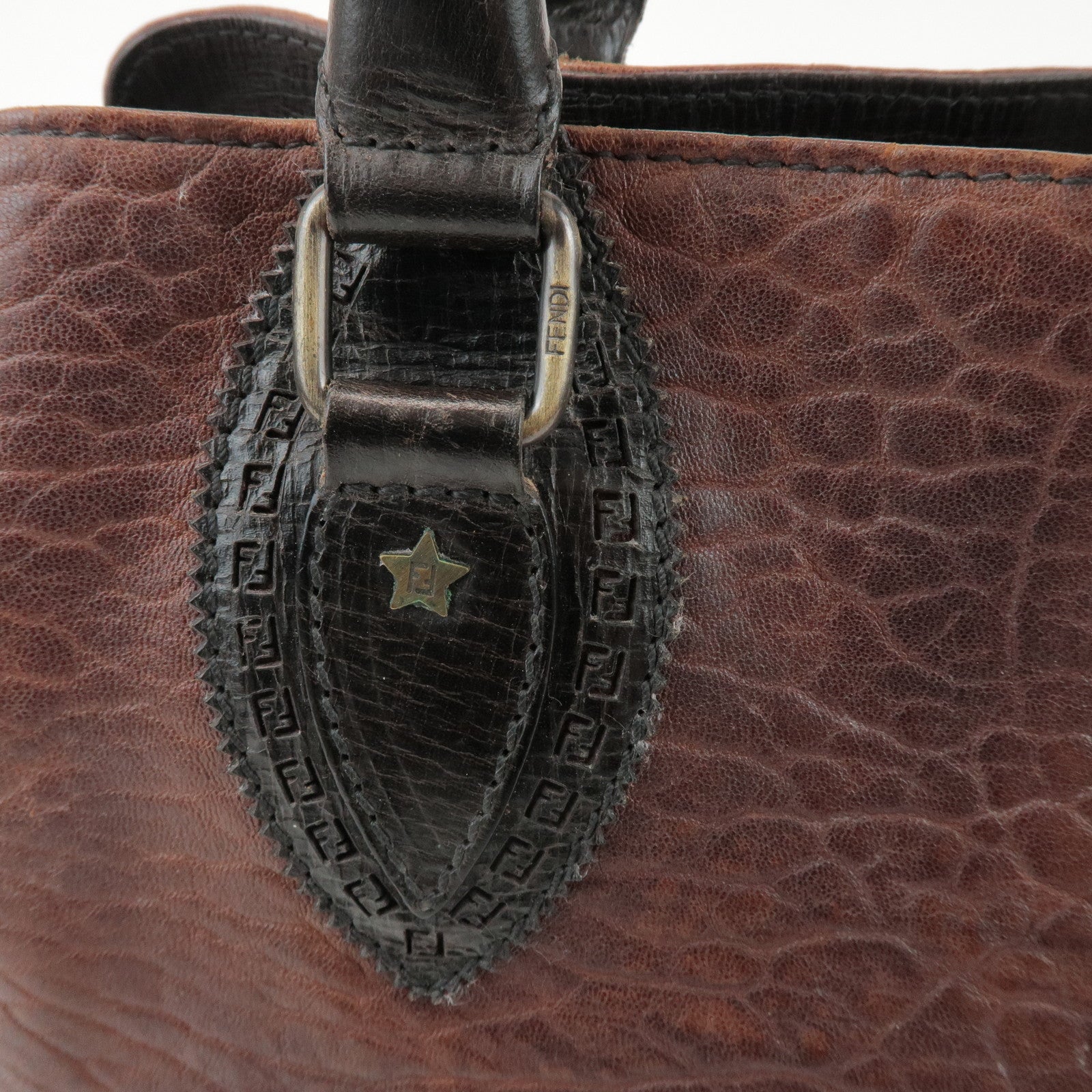 FENDI Etnico Leather Tote Bag Hand Bag Dark Brown 8BN162