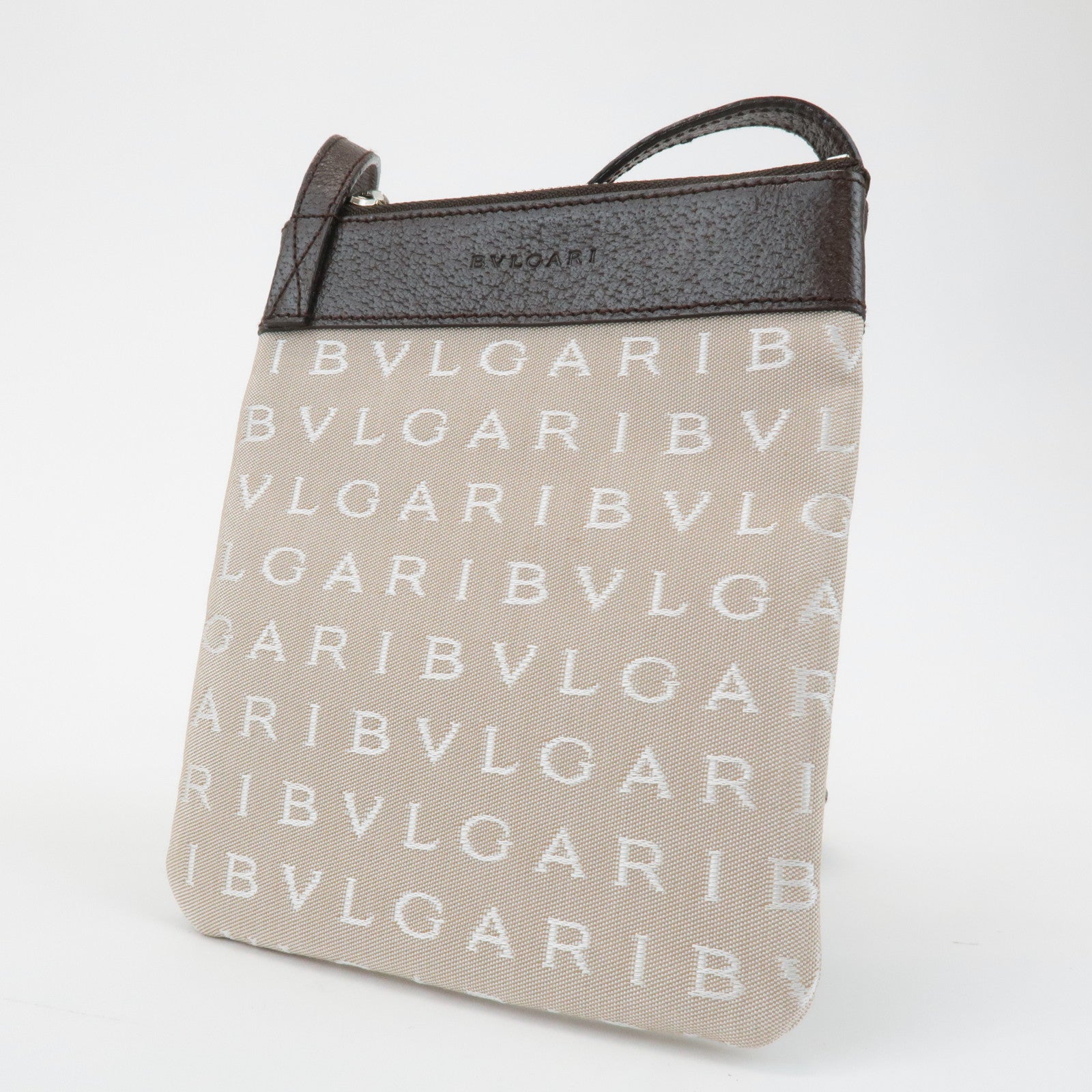 BVLGARI Logo Mania Canvas Leather Shoulder Bag Beige Brown Used