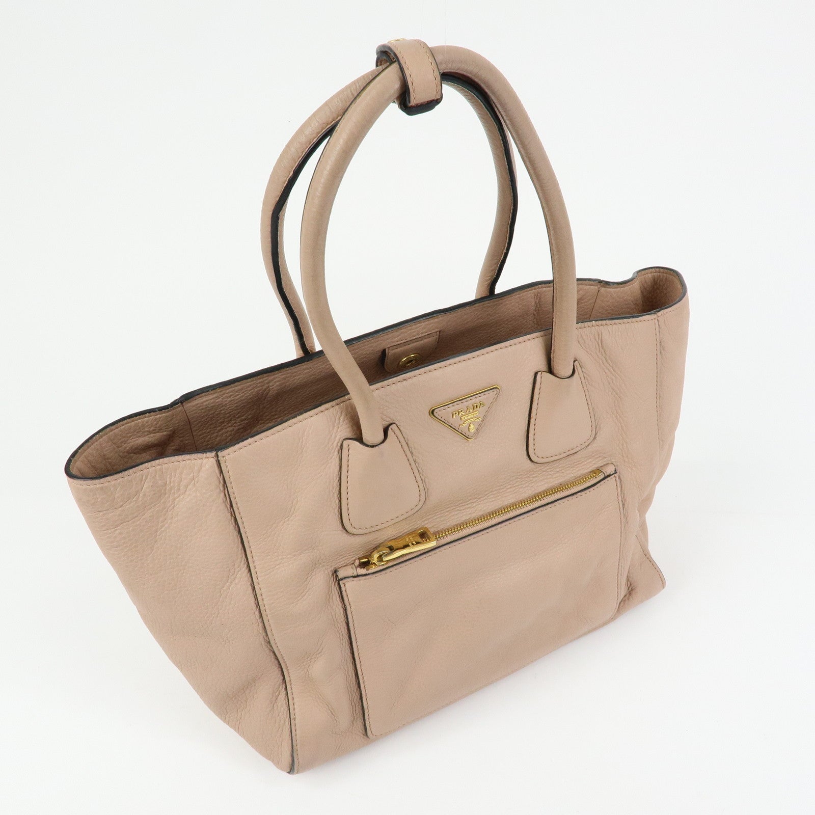 PRADA Triangle Logo Leather Tote Bag Shoulder Bag Pink Beige