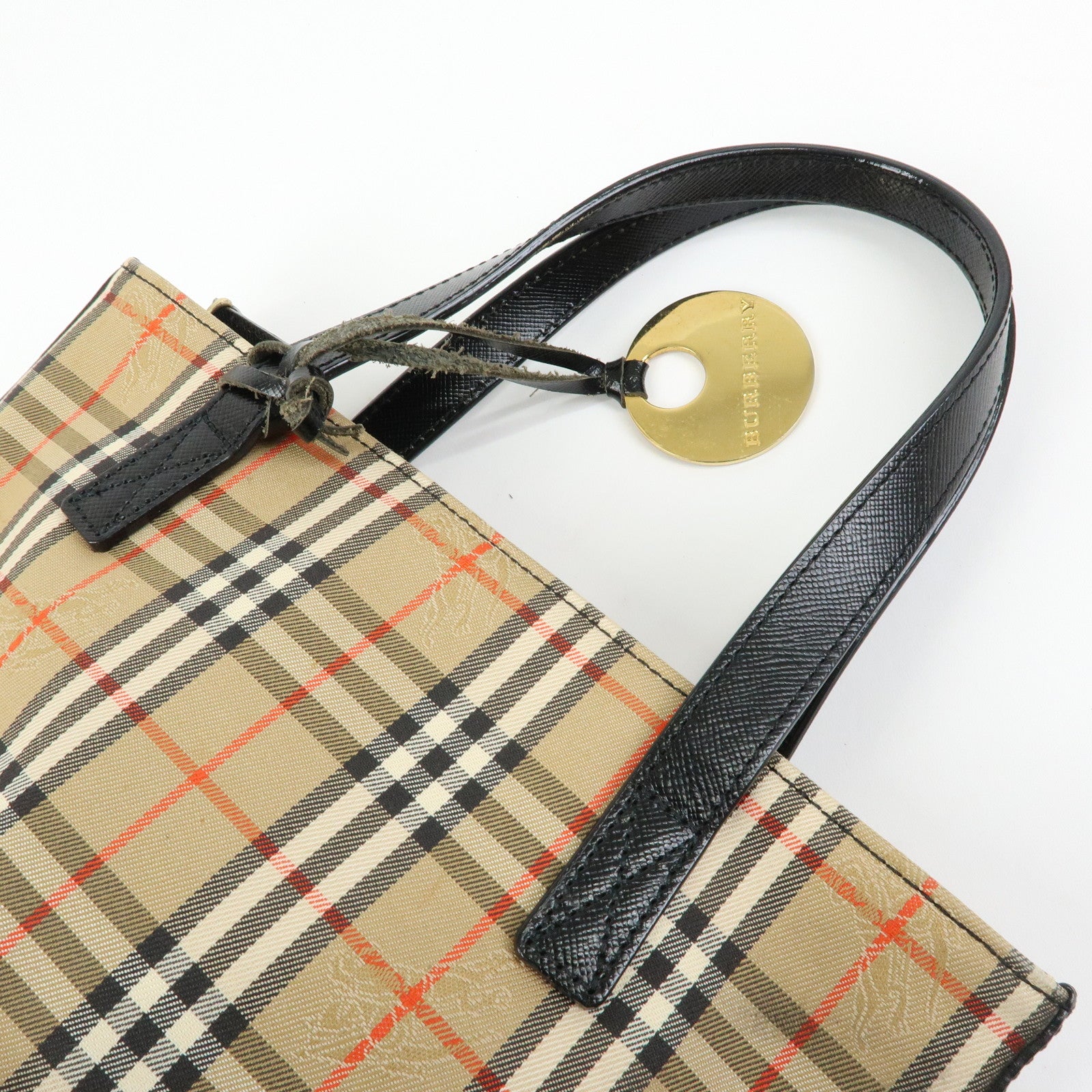 BURBERRY Nova Plaid Canvas Leather Hand Bag Tote Bag Beige Black