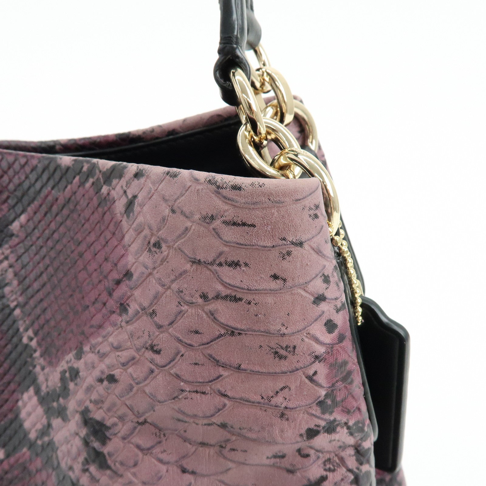 COACH Embossed Leather Python Print Shoulder Bag Purple Black