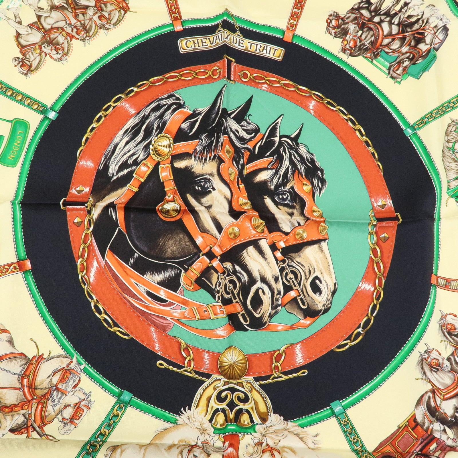 HERMES Carre 90 Silk 100% Scarf CHEVAUX DE TRAIT Black Beige