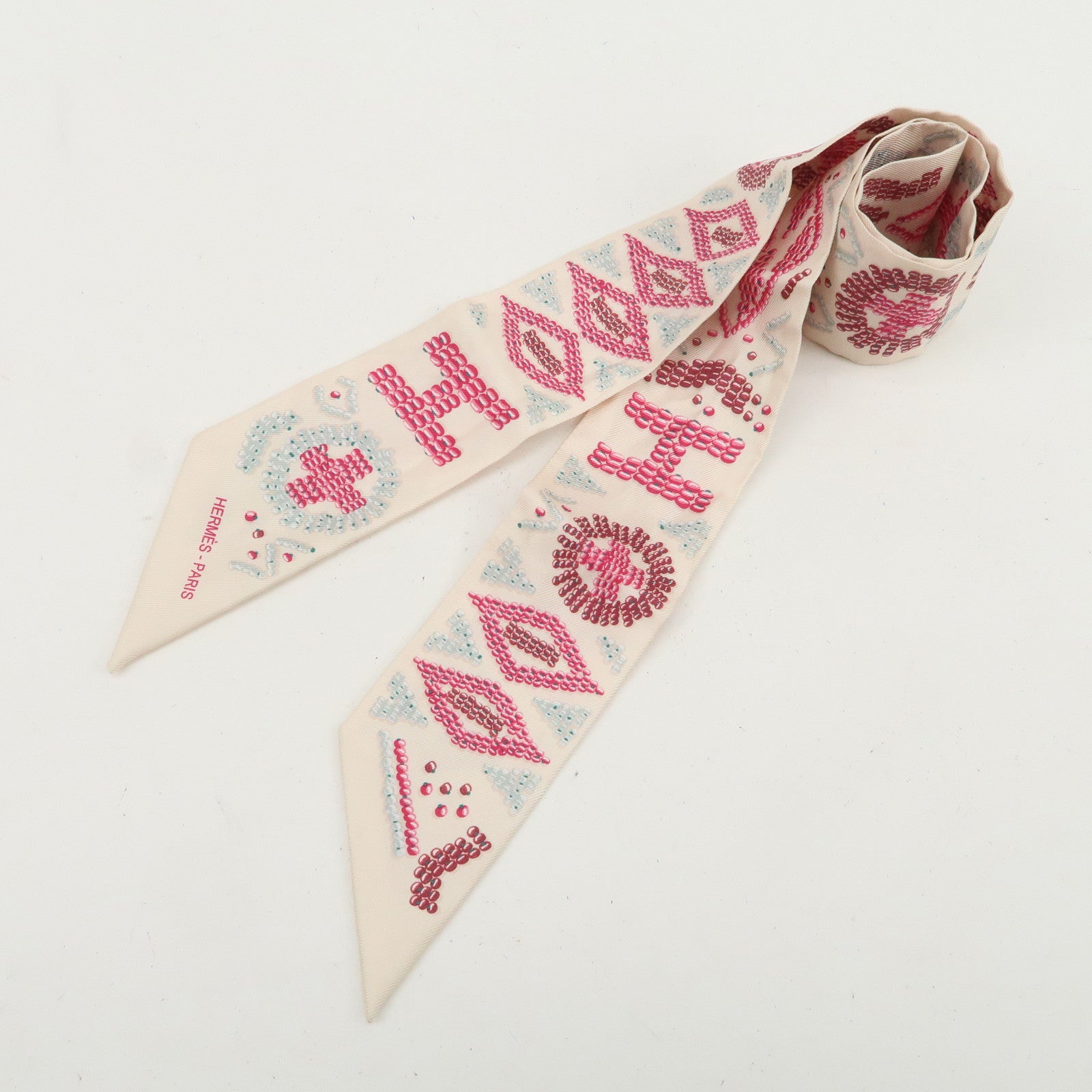 HERMES Twilly Silk 100% KELLY EN PERLES Scarf Ivory Pink