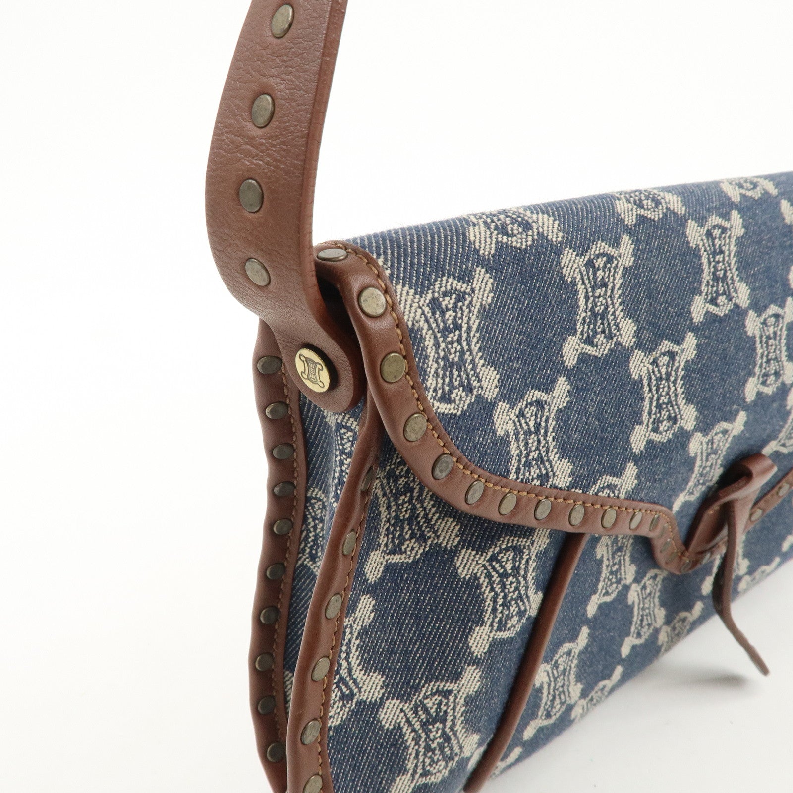 CELINE Macadam Canvas Leather Shoulder Bag Hand Bag Navy Brown