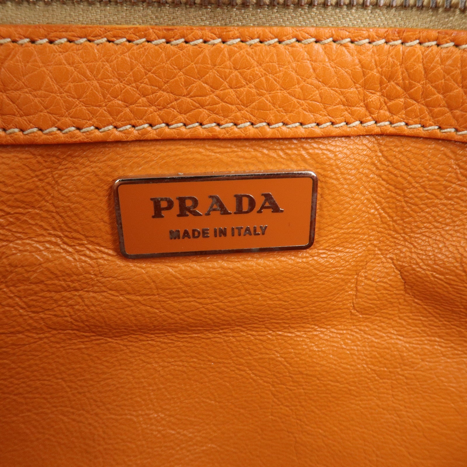 PRADA Logo Raffia Leather Shoulder Bag Hand Bag Orange BR2923