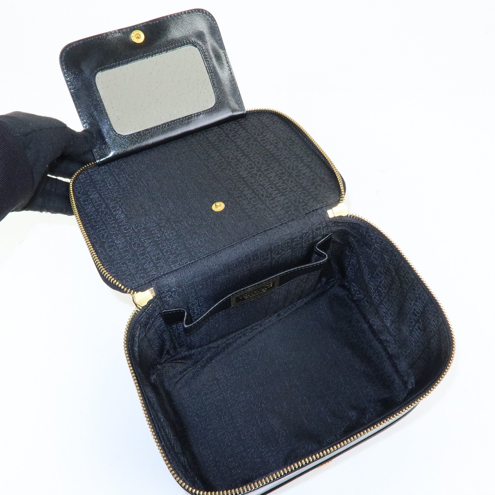 GIANNI VERSACE Leather Hand Bag Vanity Case Gold Charm Black