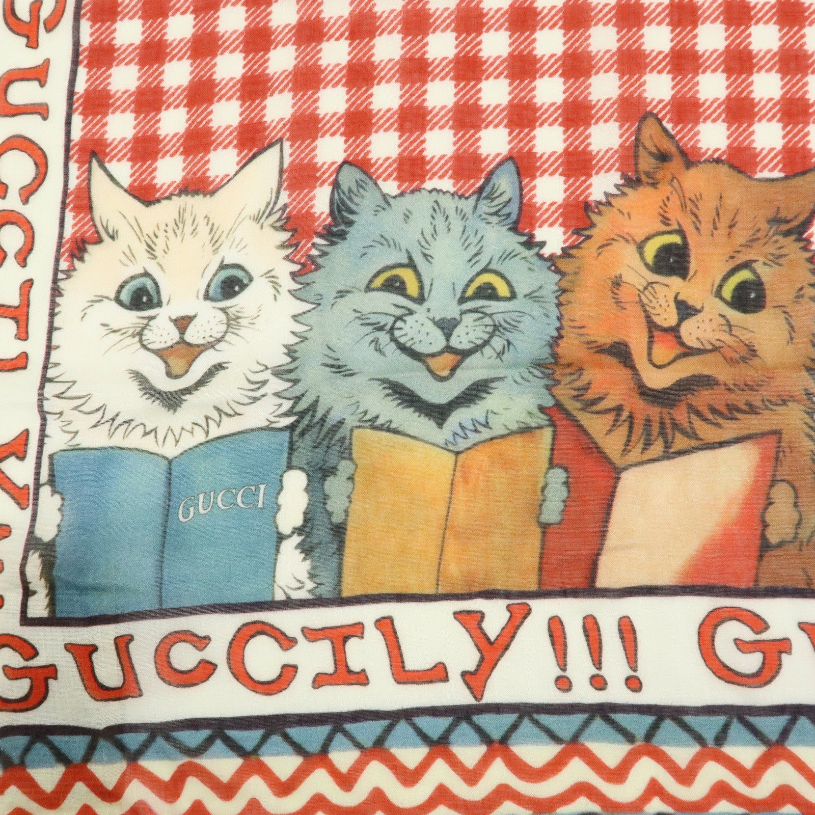GUCCI Rayon Silk Scarf 5 Cats Print Gingham Red