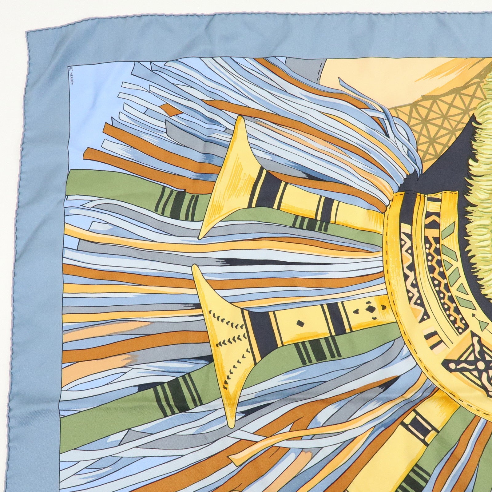 HERMES Carre 90 Silk 100% CUIRS DU DESERT Scarf Light Blue