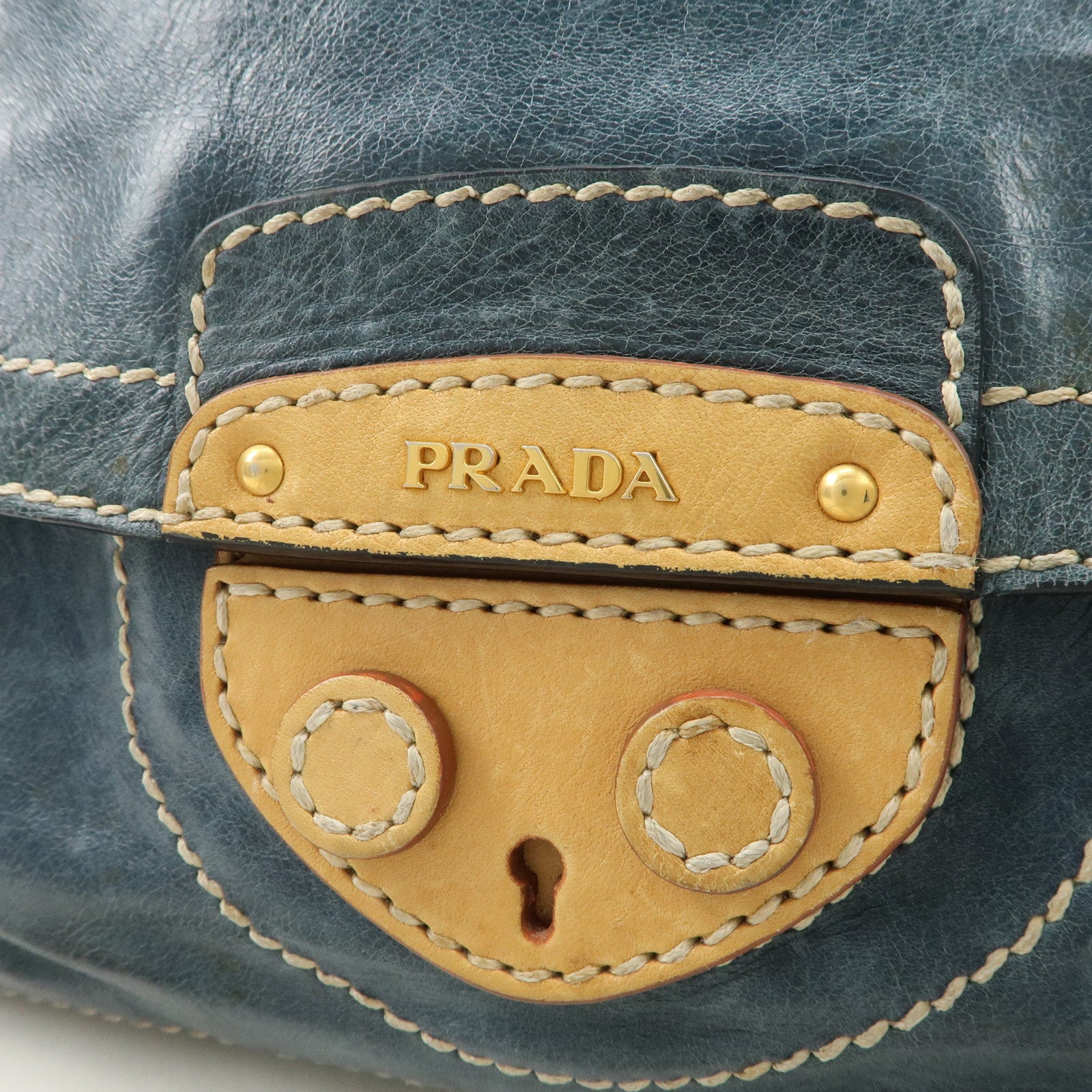 PRADA Leather Chain Shoulder Bag Blue Gold Hardware BR4659 Used