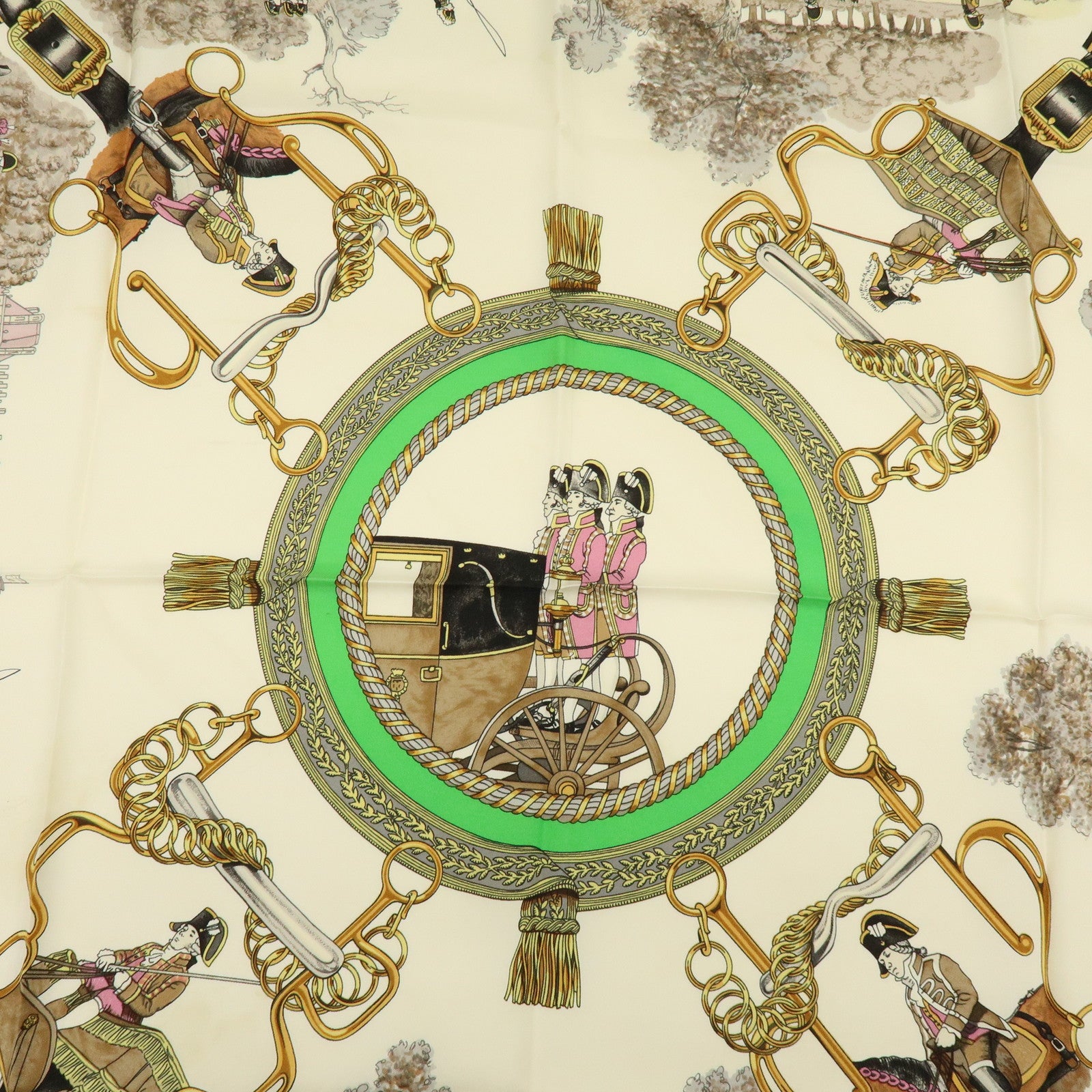 HERMES Carre 90 Silk 100% Scarf GRANDS ATTELAGES Green Pink Gold